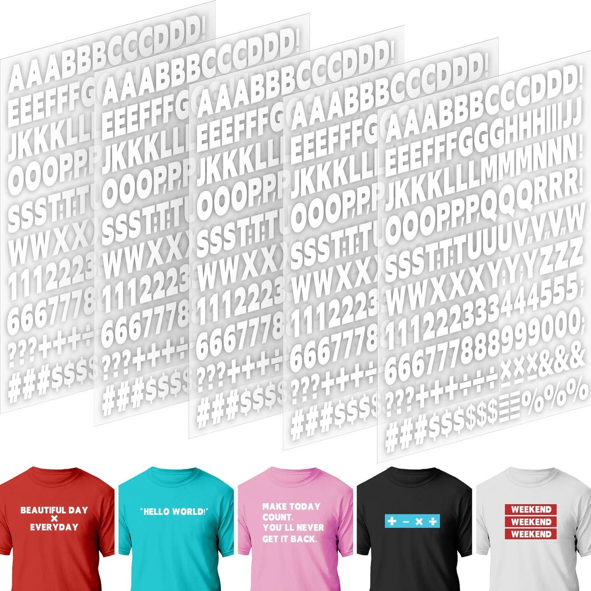 Dailygoods- Vinyl-letters 830-delig - 5 Vellen - Warmteoverdracht - Letters A-Z - Cijfers 0-9 - Voor Kleding - Opstrijkletters