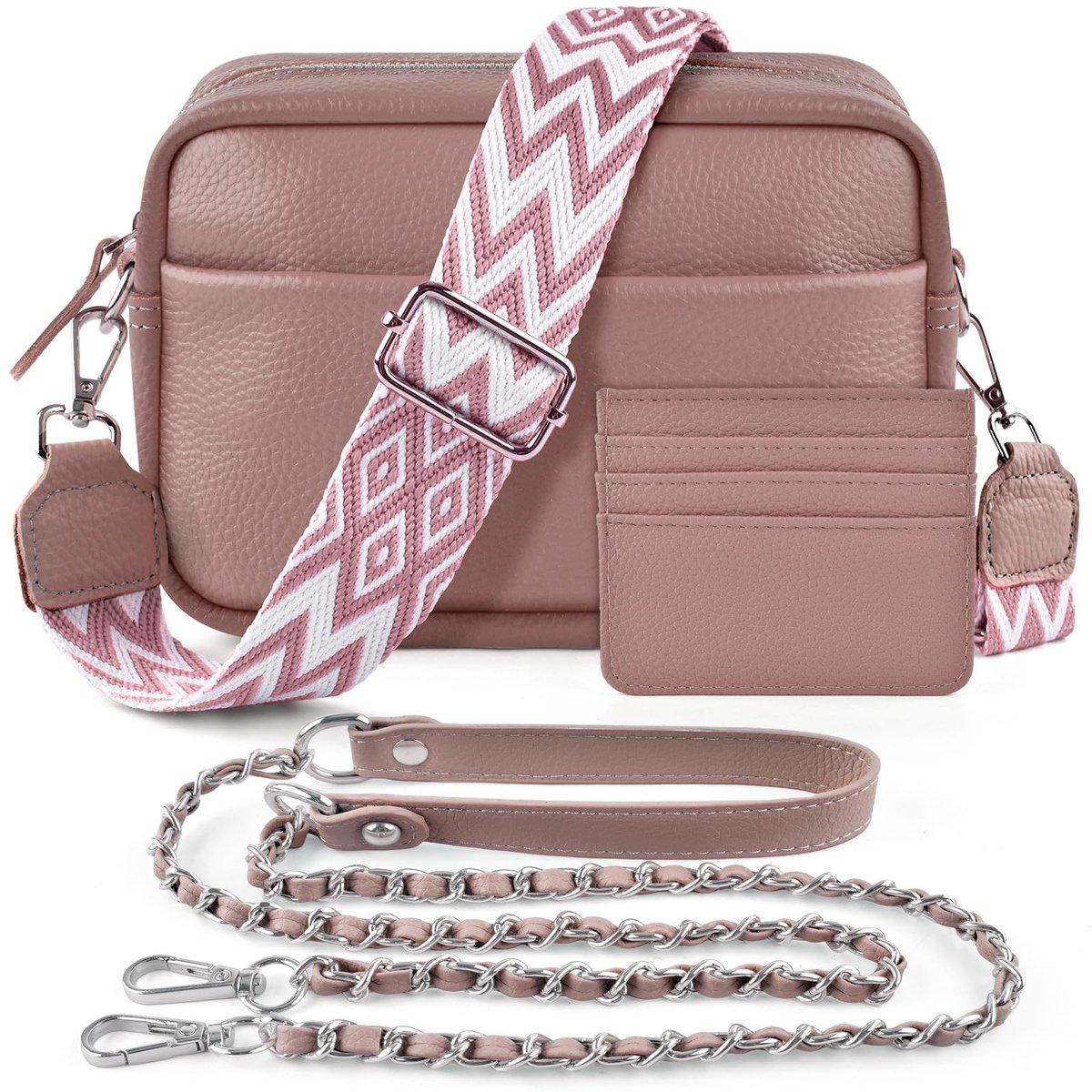 Dailygoods - BROTOU Schoudertas voor mobiele telefoon, echt leer, crossbody tas met 2 brede schouderbanden, kaarthouder, zwarte lederen schoudertas voor dames