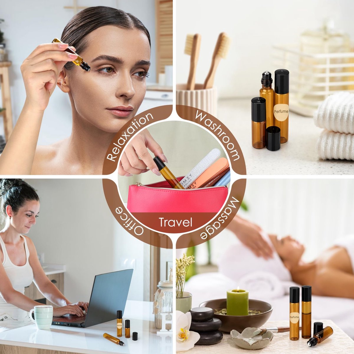 Rollon Glazen flessen voor etherische olie, bruine fles, leeg, 10/5 ml, rollon-flessen voor oliën met roestvrijstalen rollerbal voor aromatherapie, mengsels, massage, 15 stuks