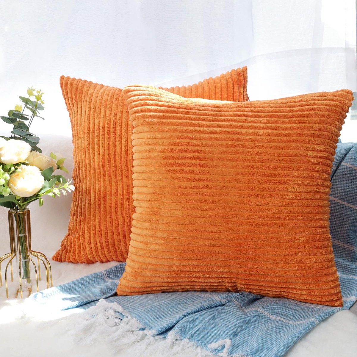 Kussenhoes 50x50 cm, Crème Corduroy Kussenslopen met Onzichtbare Rits voor Bank, Woonkamer en Slaapkamer 2 Stuks