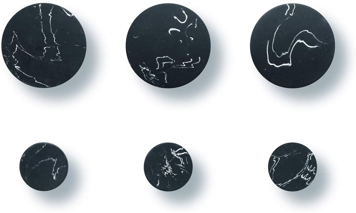 Wandhaken 6-delige set marmereffect – Moderne kapstokhaken in het zwart – Robuuste wandknoppen van kunststeen met schroef – 3 grote en 3 kleine haken