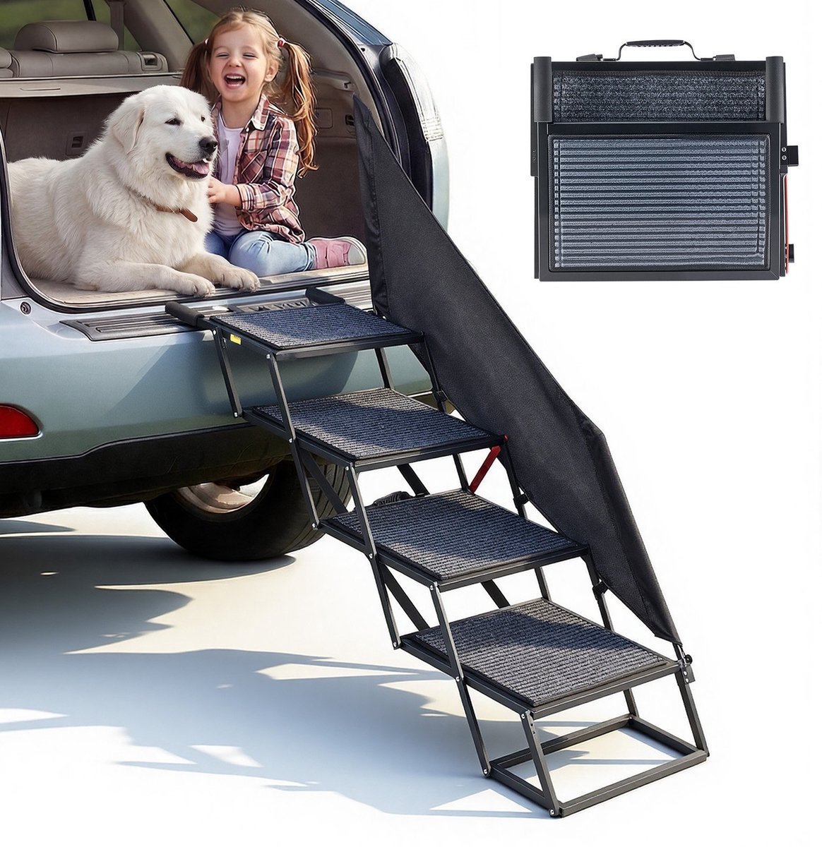 Opvouwbare hondenhelling / hondentrap - 4 treden - Extra Breed - Antislip Oppervlak - Draagvermogen 180 kg - Voor Auto, SUV en Bank