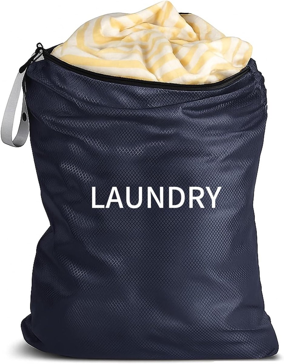 Waterdichte waszak met rits, grote opvouwbare tas voor vuile was, 60 x 90 cm, grijs-blauw, ideaal voor reizen en thuisgebruik