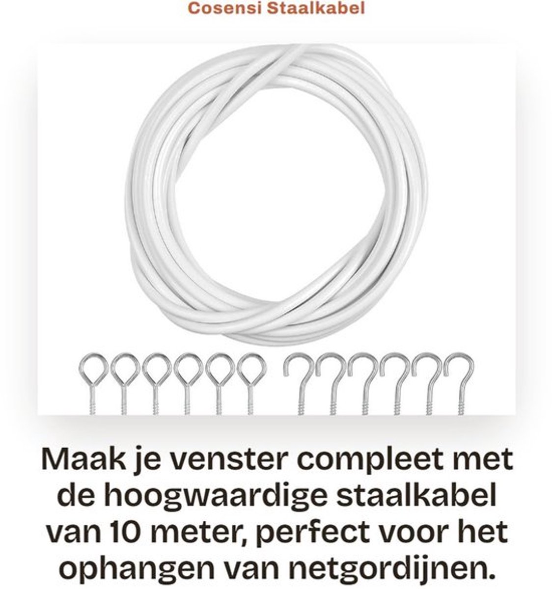 Staalkabel 10 M - Gordijnset met Haken - Kunststof Gecoat - 10 Paar Ogen - Veerstaal - 4 mm Diameter - Gordijnkabel