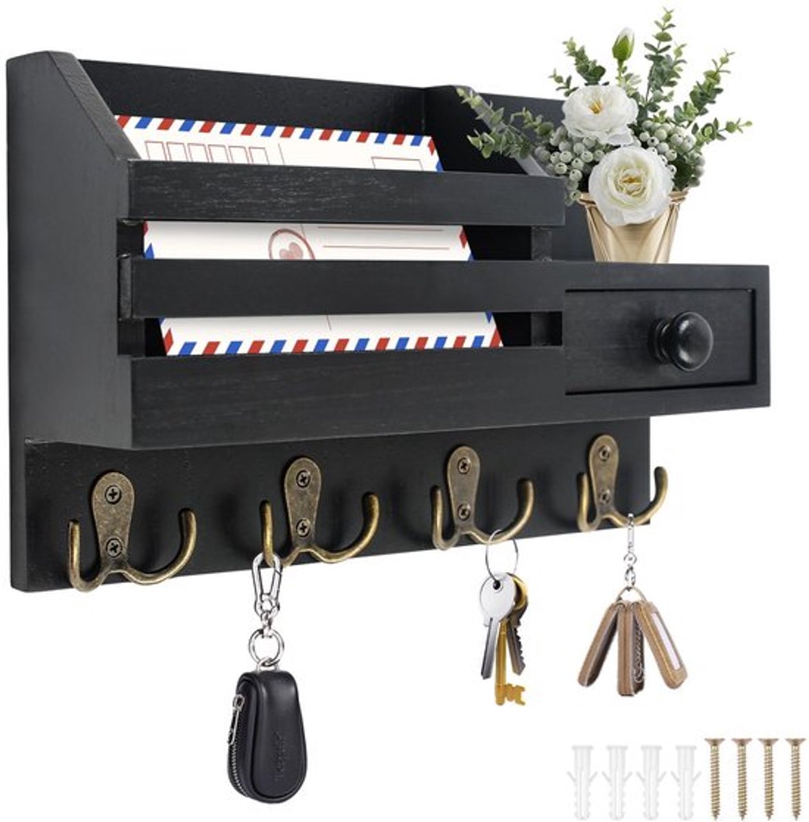 Sleutelhouder Houten - Sleutelrek - Wandplank - Decoratieve Haken - Multifunctionele Opbergruimte - Scandinavische Stijl - Sleutelkast