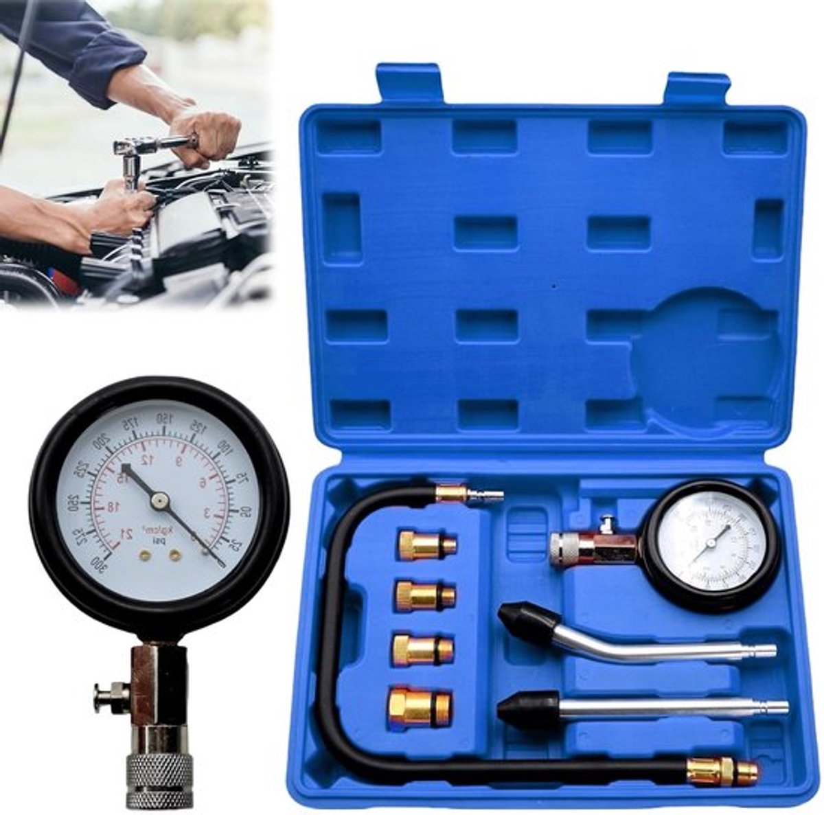 Complete Compressietester Set voor Motorvoertuigen - Inclusief Compressiemeter, Bougie Tester en Drukmeter - Geschikt voor M10, M12, M14, M18