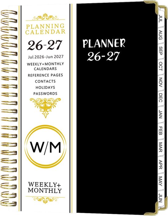 Zwarte planner 2026-2027 met gouden spiralen, met 'Planning Calendar' en 'W/M' logo op de kaft.