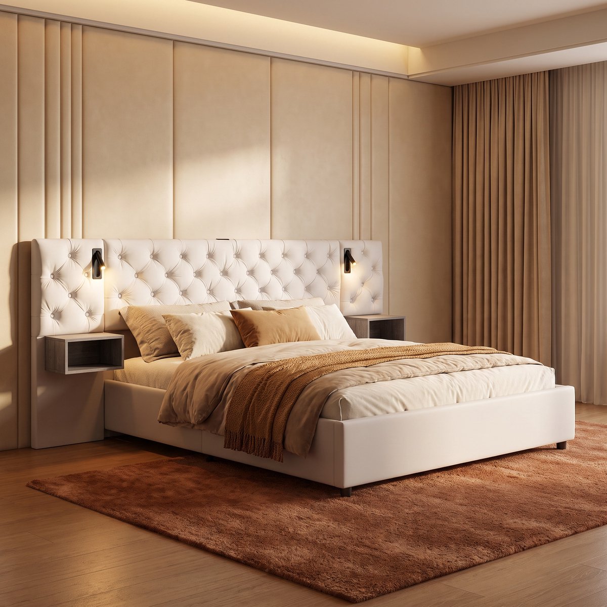 Gestoffeerd Bed 160x200 cm met Opbergruimte, LED Leeslampjes en USB-poort – Tweepersoonsbed met Lattenbodem en Hoofdbord - Opbergbed - Fluweel Beige - Zonder Matras