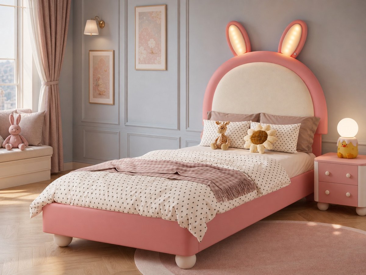 DESMIU Kinderbed 90x200 cm – Konijnvormig Hoofdbord met LED-Lichtstrip – Lattenbodem – Voor Kinderkamer – Kunstleer en Hout – Roze Wit – Zonder Matras