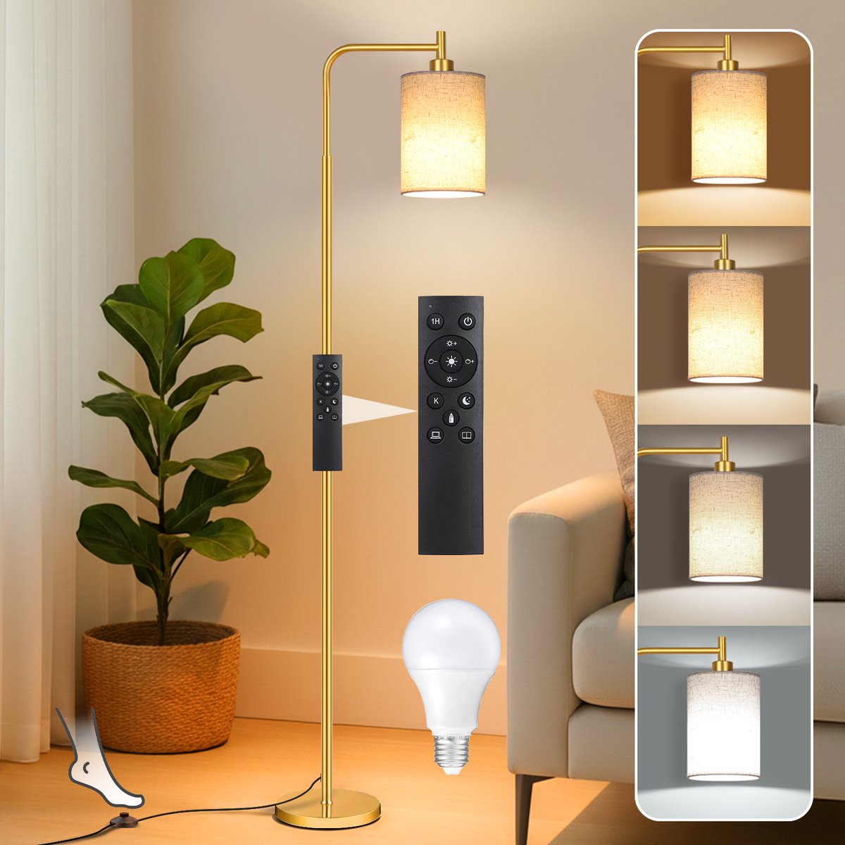 Lapamax Dimbare Vloerlamp met Linnen Lampenkap - 12 W E27 LED-Lamp met Afstandsbediening - 3000-6500 K - Timer en Voetschakelaar - Goud
