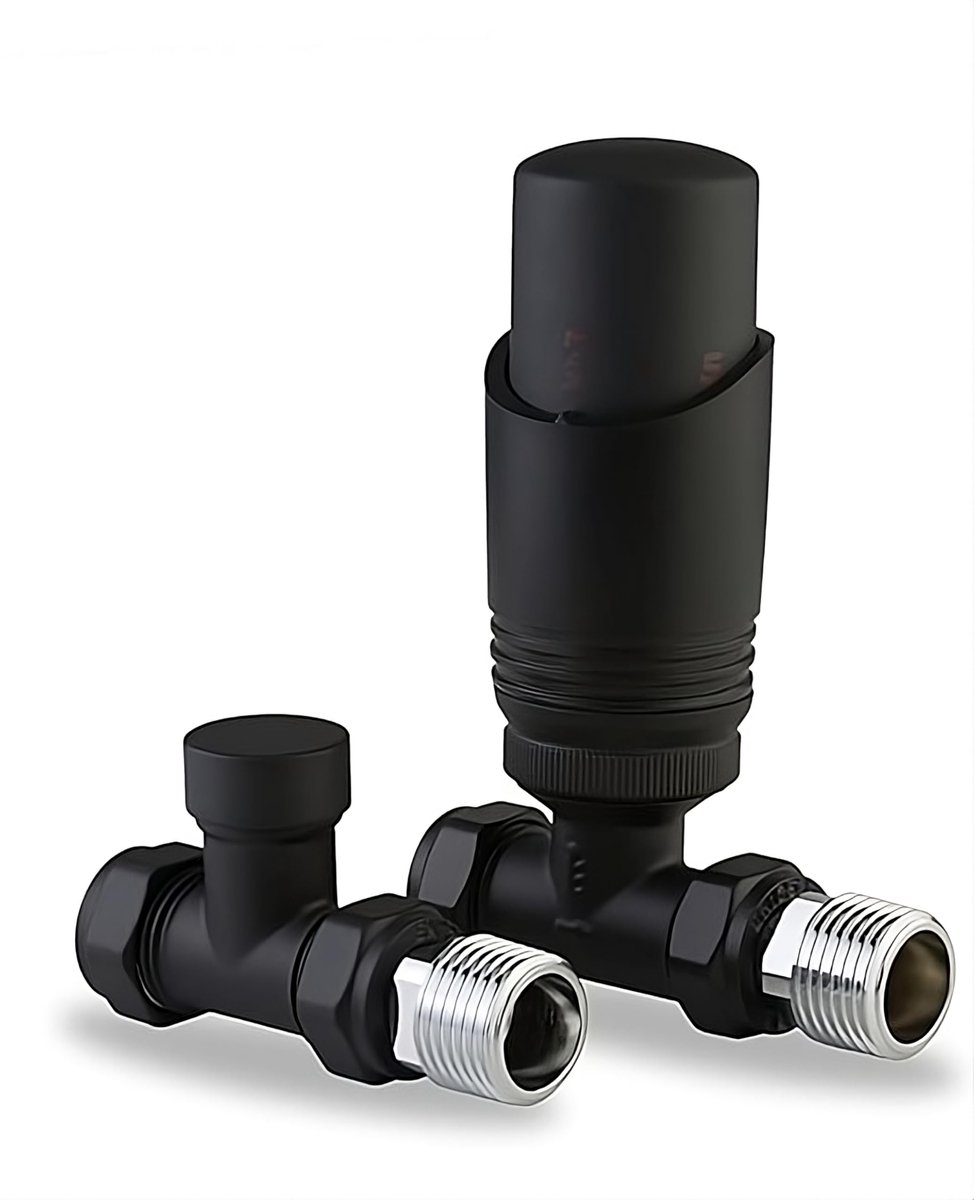 SnelShoppen - Thermostatische TRV Radiator Ventiel & Lockshield 15mm x 1/2" Set - Mat Zwart, Energiezuinig, Duurzaam, Voor Verwarming in Huizen en Kan