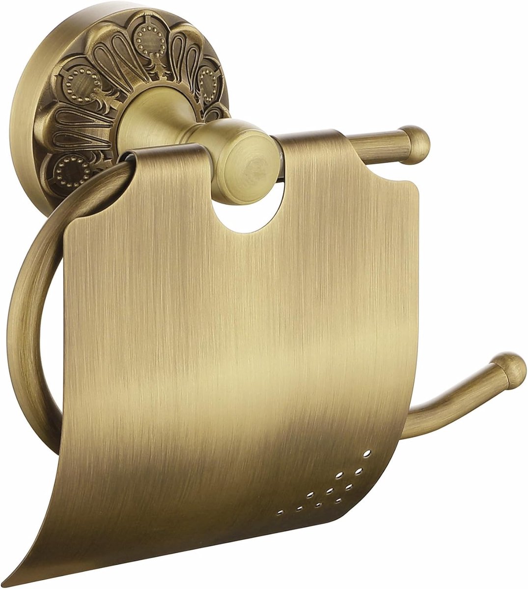 SnelShoppen - Antiek messing toiletpapierhouder met deksel, wandmontage vintage gouden toiletpapierrolhouder, decoratieve badkameraccessoires met bloe