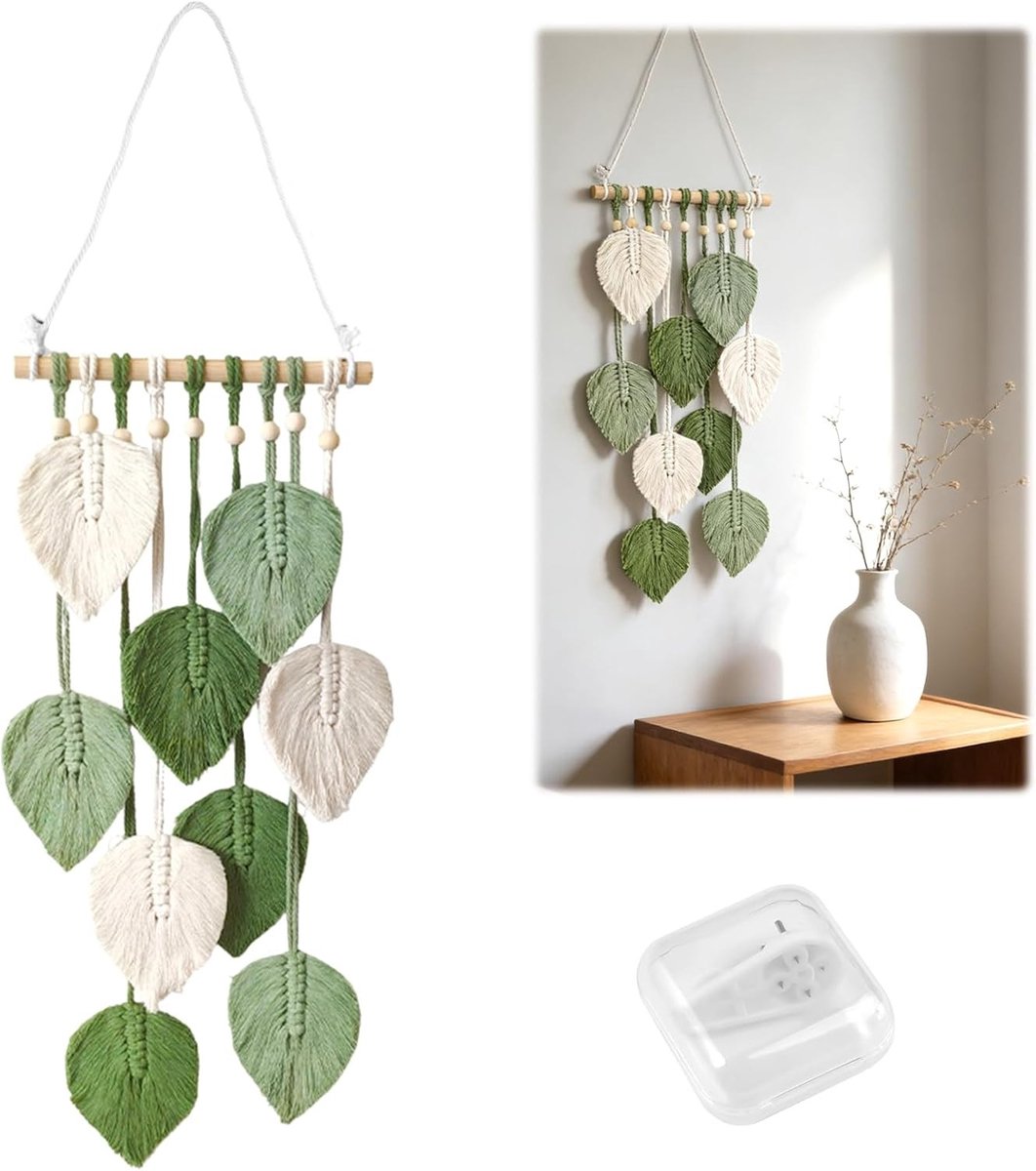 Handgemaakte Macrame Wanddecoratie met Houten Kralen en Groene Bladeren, 60x25 cm, Bohemian Tapestry voor Slaapkamer, Woonkamer en Kinderkamer