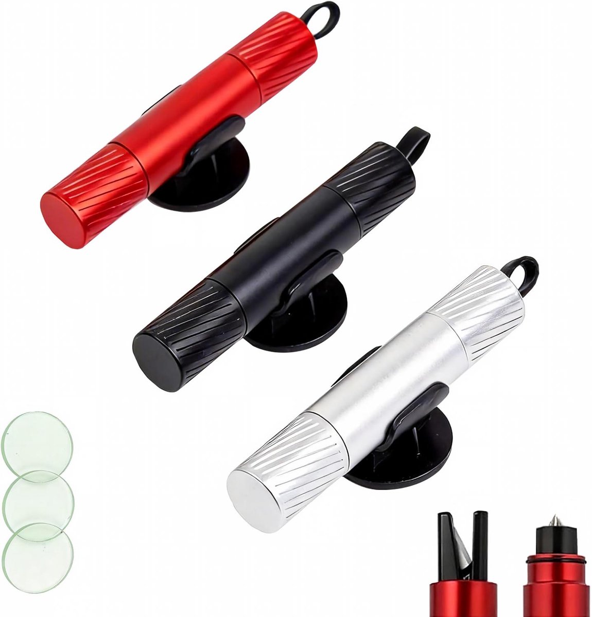 3-in-1 Auto Noodhamer en Gordelsnijder Set - Met 3 Testglaasjes - Compacte Veiligheidstool - Raambreker van Wolfraamstaal en RVS Mes - Cruciaal Auto Accessoire voor Noodgevallen - Set van 3 Stuks - Zwart、Rood&Zilver