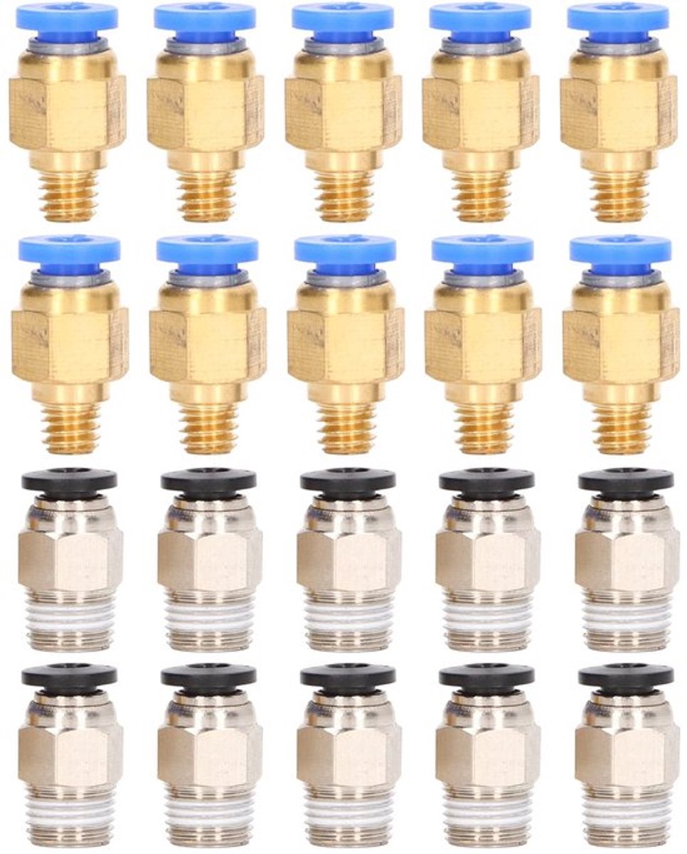 Accessoireset 20-delig - Pneumatische Fitting PC4-M6/PC4-10 - Geschikt voor 3D-printer - Messing/Roestvrij Staal - Inclusief 10x PC4-M6/10x PC4-10