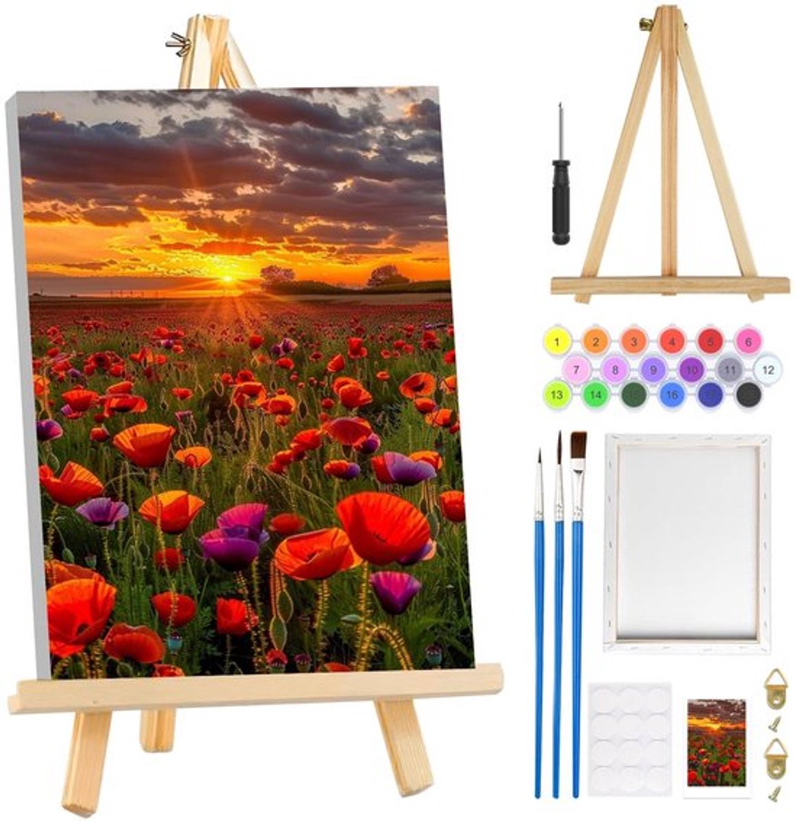 Schilderen op Nummer - Bloemen Landschap met Frame - Ezel - Doe-het-zelf Kit - Acrylverf - Wanddecoratie 8 x 30,5 cm - Verfset