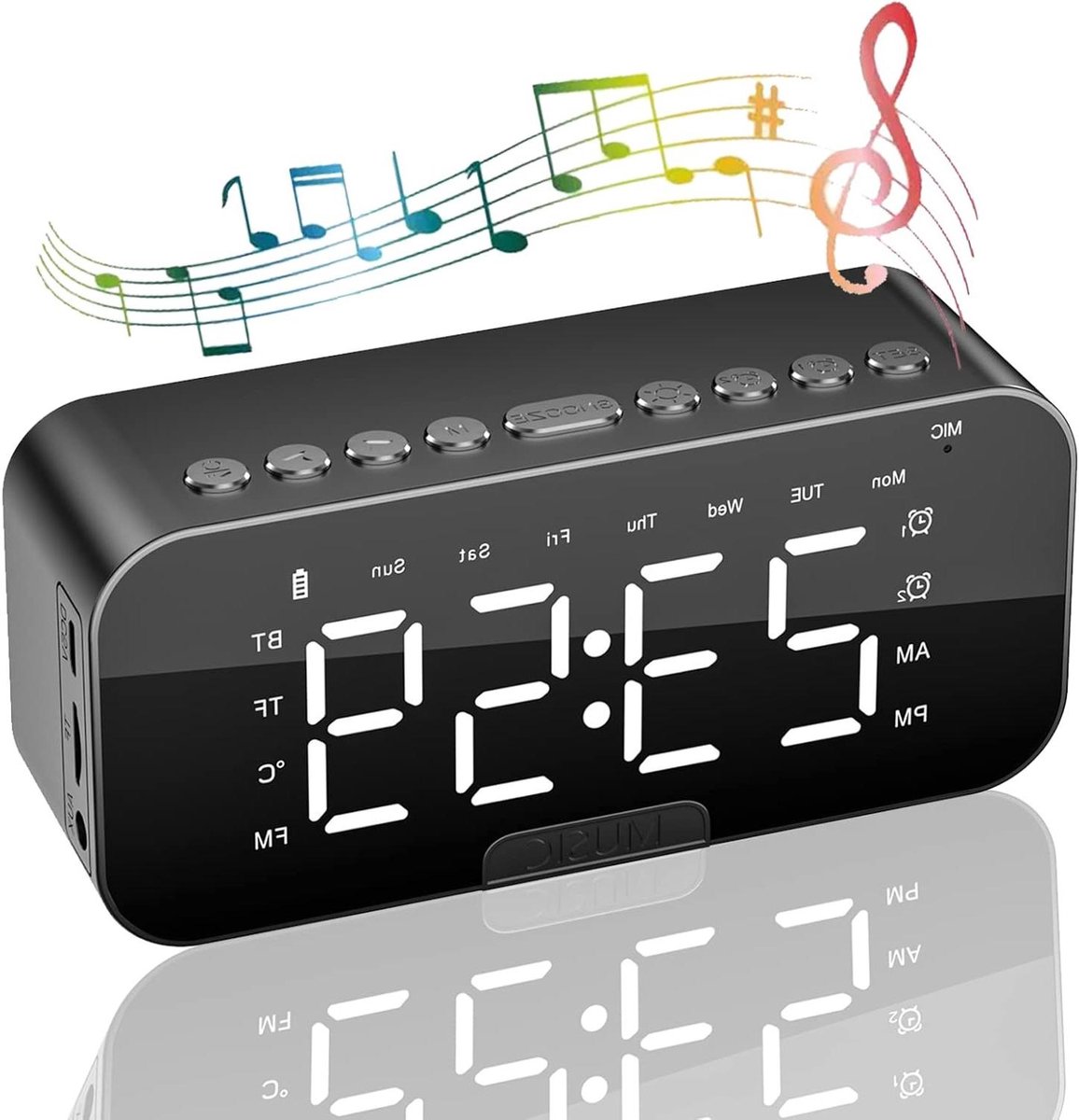 Digitale Wekker - Nachtkastklok Radio - Wakker Worden - Met Bluetooth Speaker - 5.4 Inch Display - Zwart