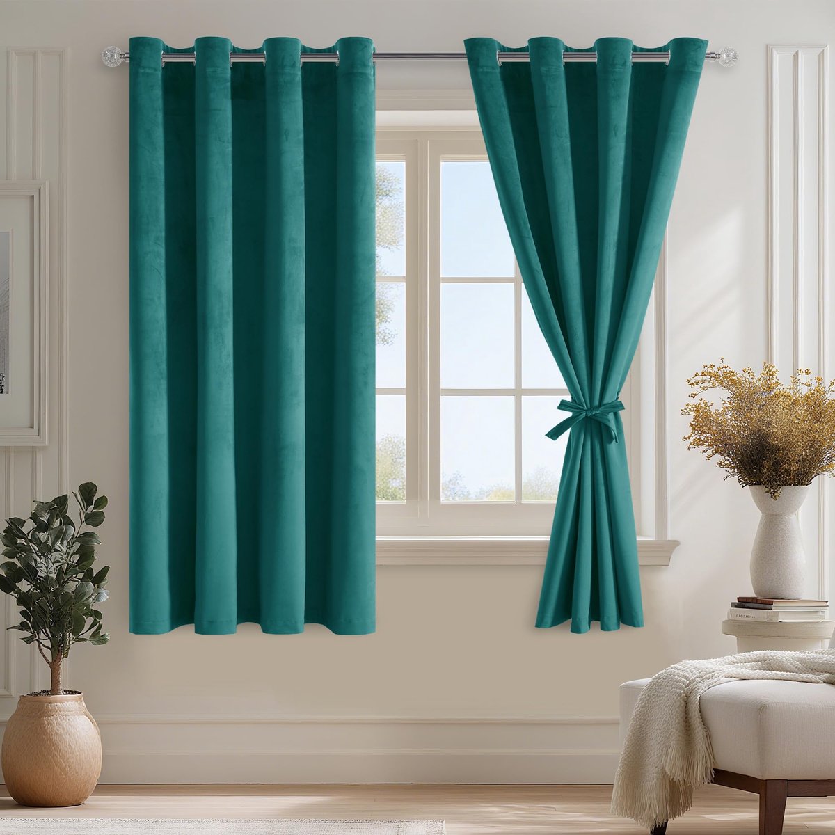 SnelShoppen - Tealblau fluwelen gordijnen met ringen, set van 2, H175 x B140cm, ondoorzichtige verduisteringsgordijnen voor slaapkamer en woonkamer, z