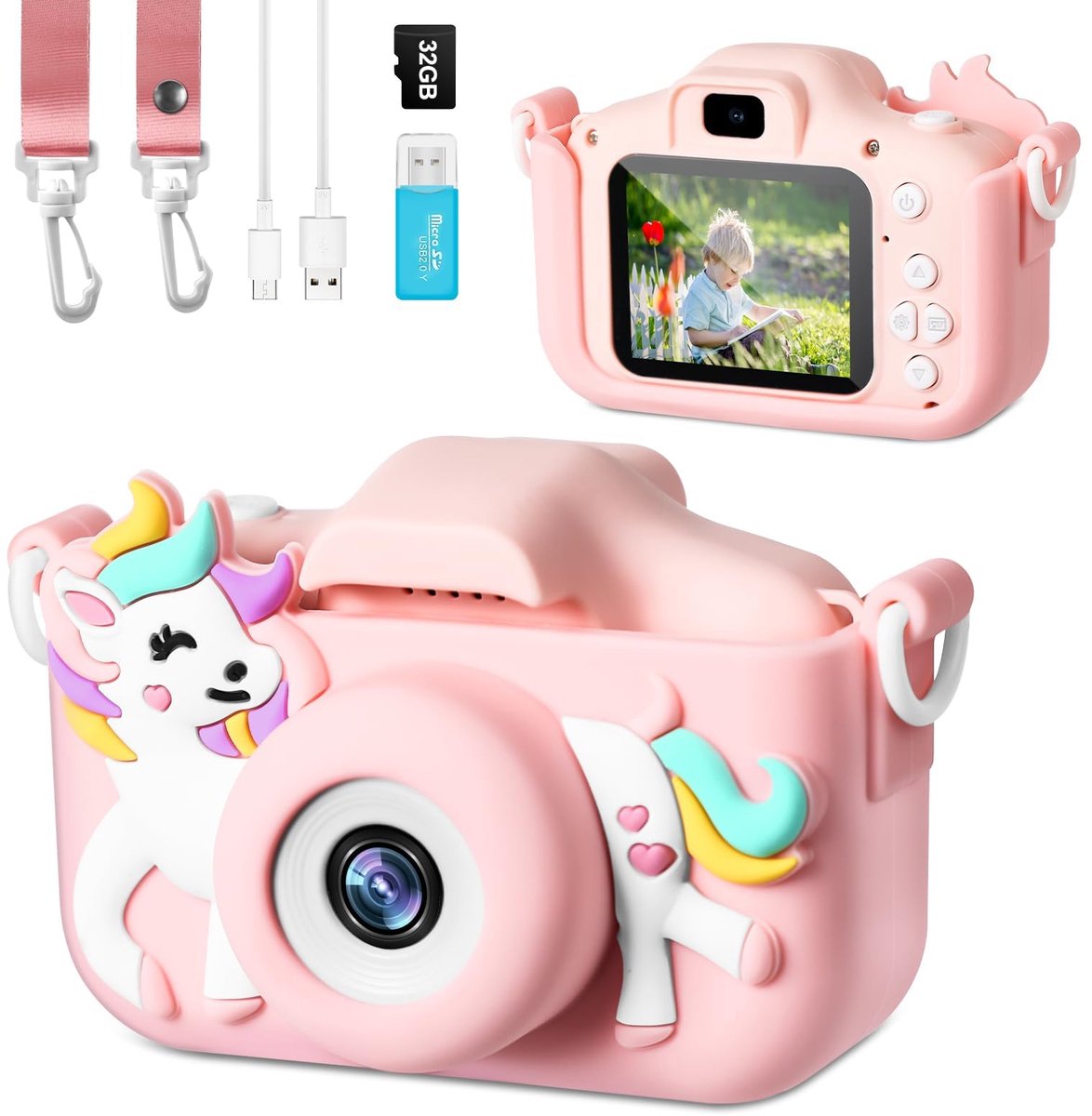 SnelShoppen - BNEHHOV Camera voor Kinderen 1080p, 32GB TF-kaart, Trekkoord, 1000mAh Batterij, USB Opladen, Ideaal voor Kinderen van 2 tot 12 Jaar, Ver