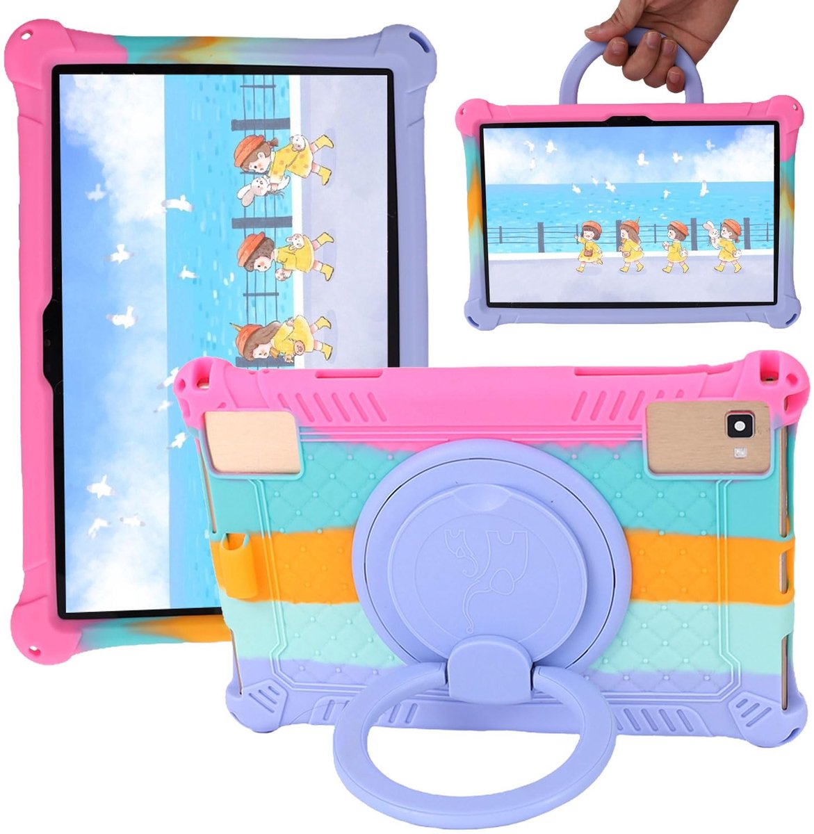 SnelShoppen - Universele Tablethoes 10 inch - Zachte Siliconen Hoes met 360° Standaard - Koolstofvezel Patroon - Kleurrijk Roze - Ideaal voor Feest, C