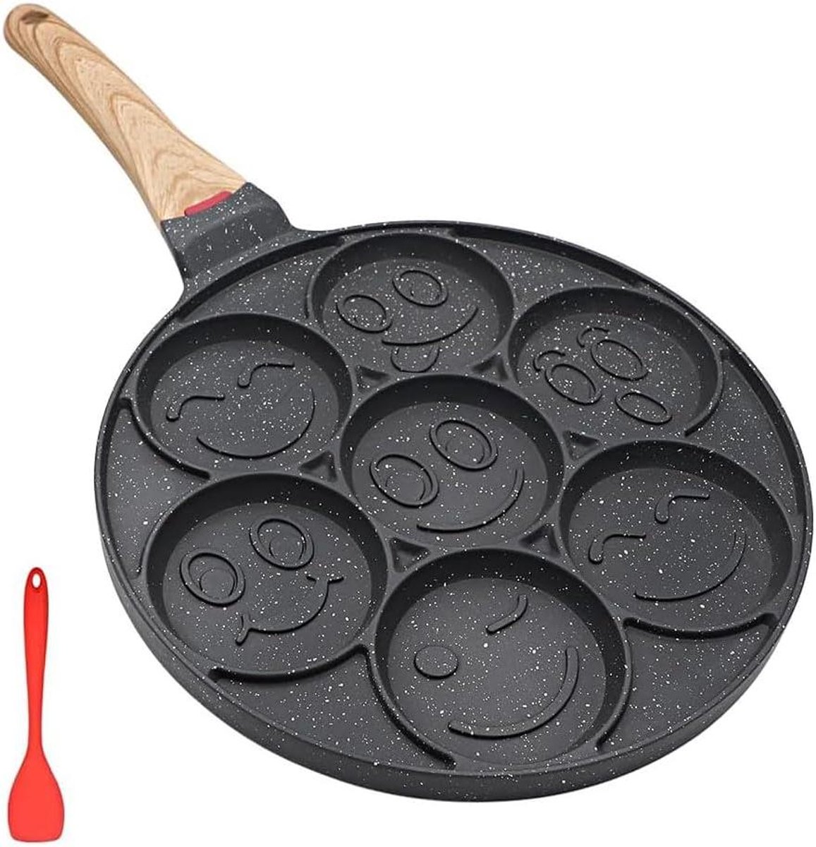 Pannenkoekenpan 7 Gaten - Smiley Eierpan - Ontbijt Maken - Anti-aanbak Laag - 26 cm - Zwart