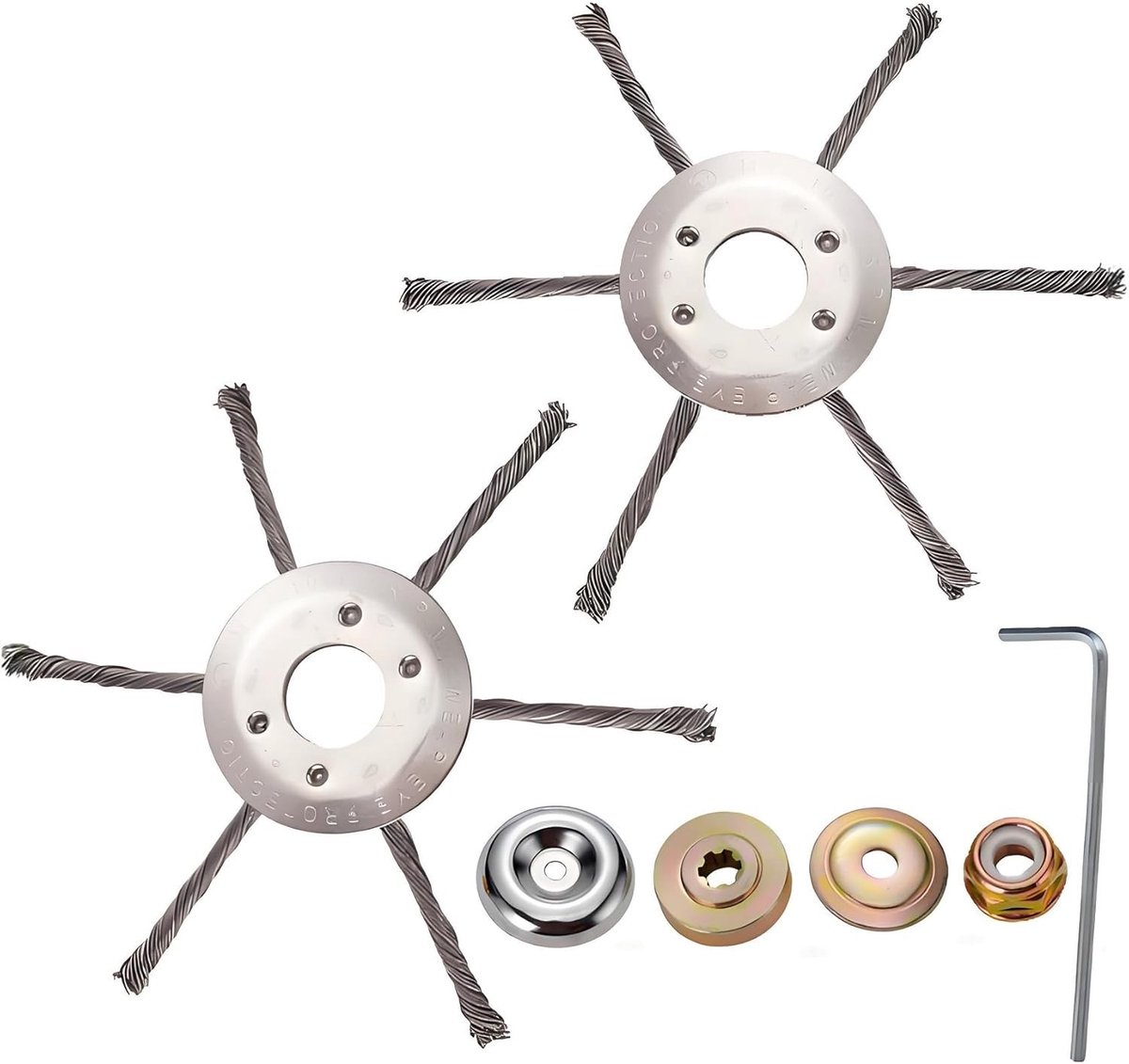 2 Stuks Stalen Draad Trimmer, 230mm Universele Borstelmaaier met 5 Stuks Benzine Grasmaaier Adapter Set, Duurzaam Ontwerp voor Tuinonderhoud, Opritafwerking en Mosverwijdering