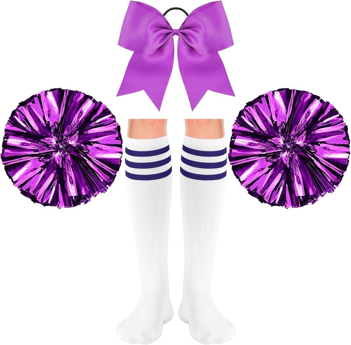 Set van 4 Cheerleader Kostuums voor Carnaval met 2 Metallic Cheerleading Poms, Grote Haarstrik en Sportsokken voor Dans en Evenementen