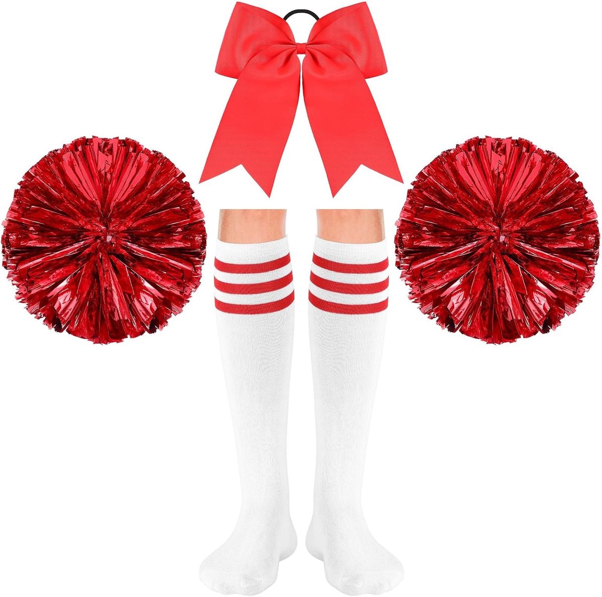 Set van 4 Cheerleader Kostuums voor Carnaval met 2 Metallic Cheerleading Poms, Grote Haarstrik en Sport Sokken voor Dans en Evenementen