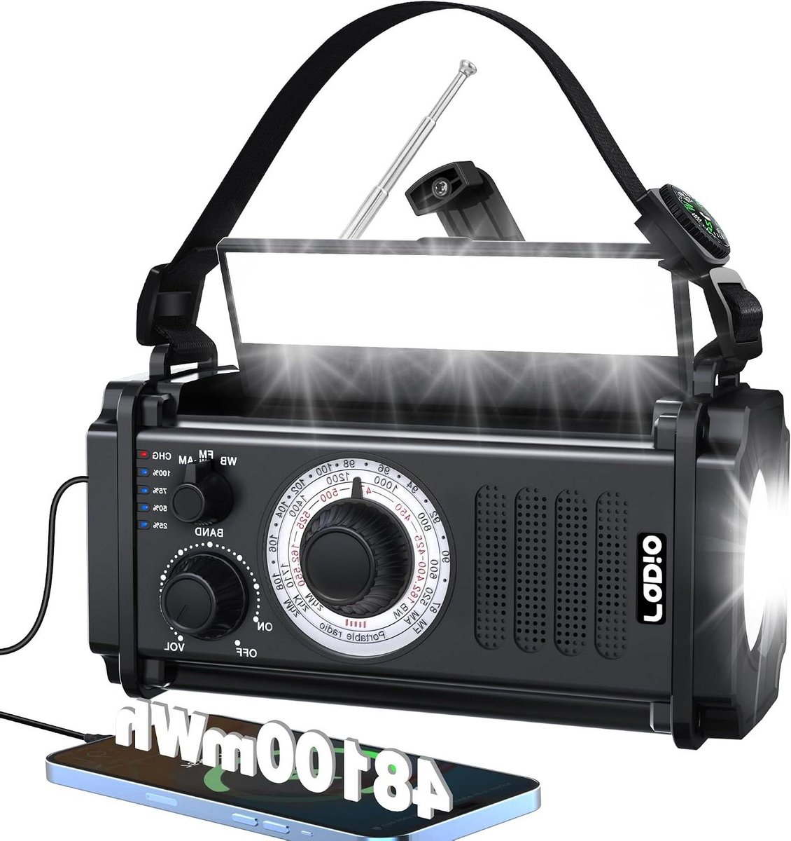 Noodradio - Weerradio Zaklamp - Veilig Thuis - Zonne-handslinger Opladen - 48100 mWh - Zwart