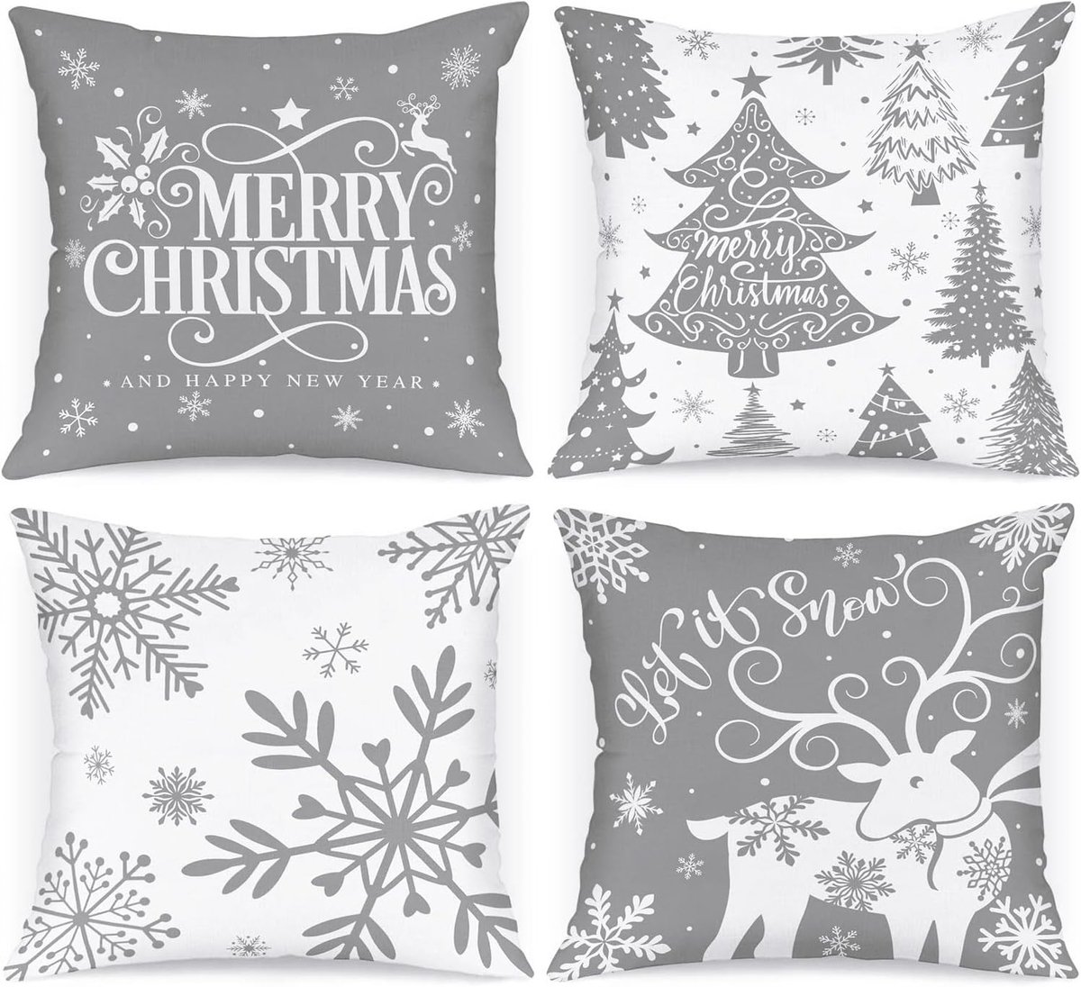 Set van 4 Kerst Kussenhoezen 20x20 cm met Cartoon Herten en Sneeuwvlokken voor Winterse Decoratie in Huis, Perfect voor Sofa en Bank, Grijs