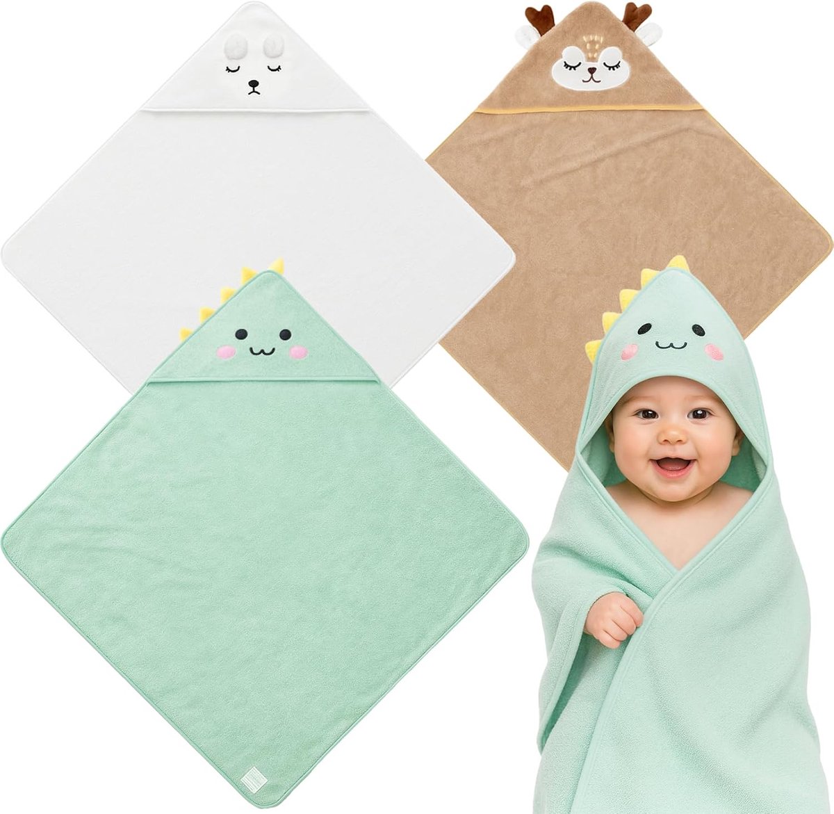SnelShoppen - 3 Stuks Babyhanddoeken met Capuchon, 80 x 80 cm, Zachte Koraalvlies Babyhanddoeken, Super Absorberend, Schattige Babybadhanddoeken voor