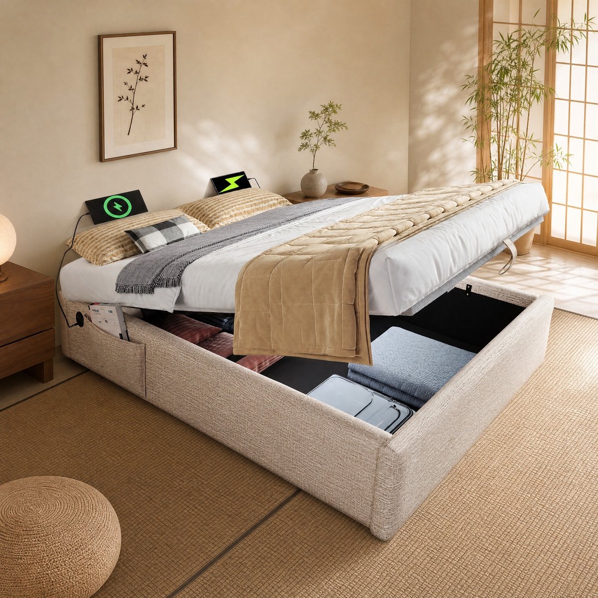 COVREO Bed 160x200 cm beige en naturel, stof en metaal met opbergruimte