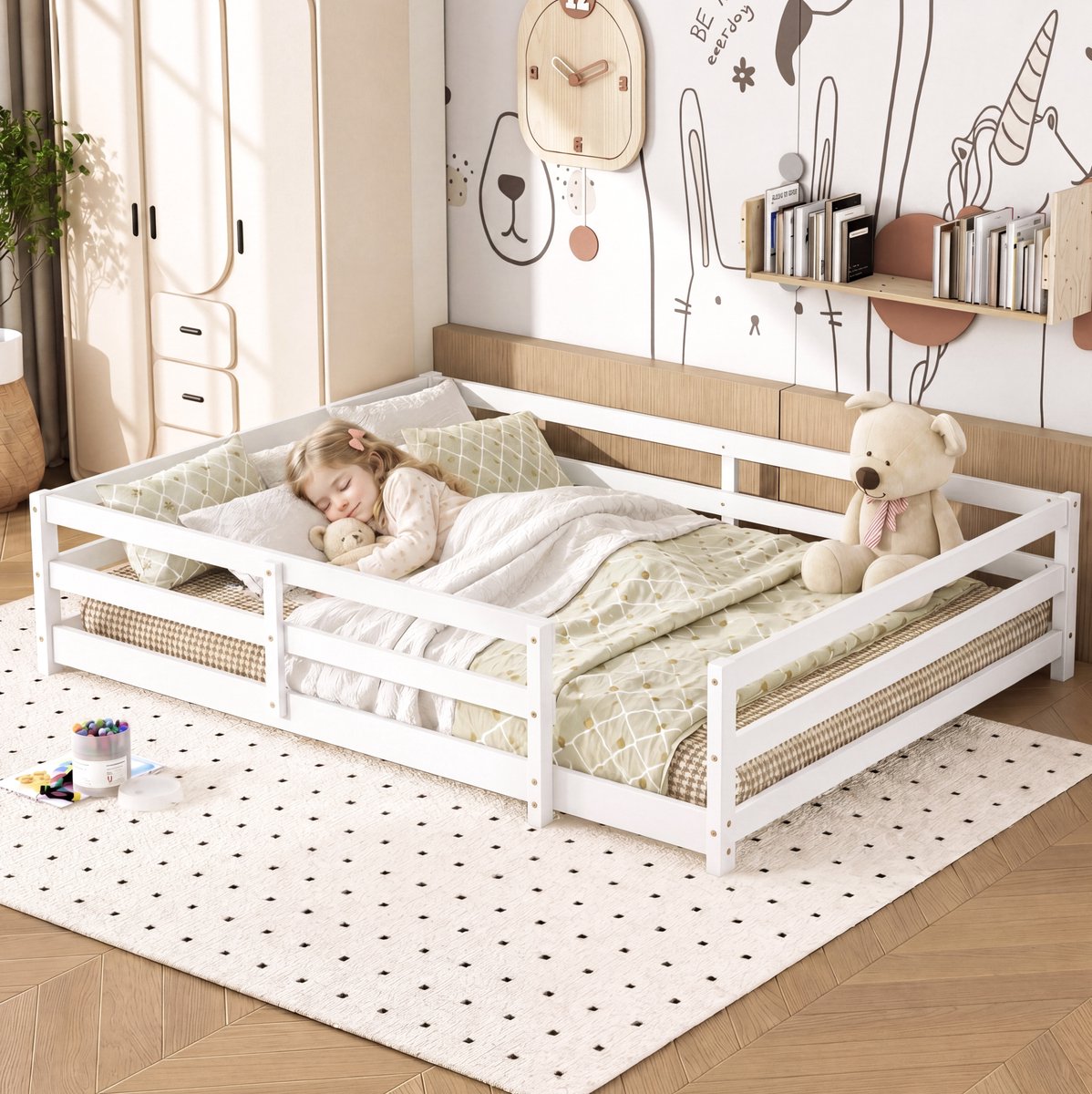 DESMIU Bed 140x200 cm – Montessori Kinderbed Met 4-Zijdige Hekrand – Laag Vloerbed Met Lattenbodem – Zonder Matras – Hout – Wit