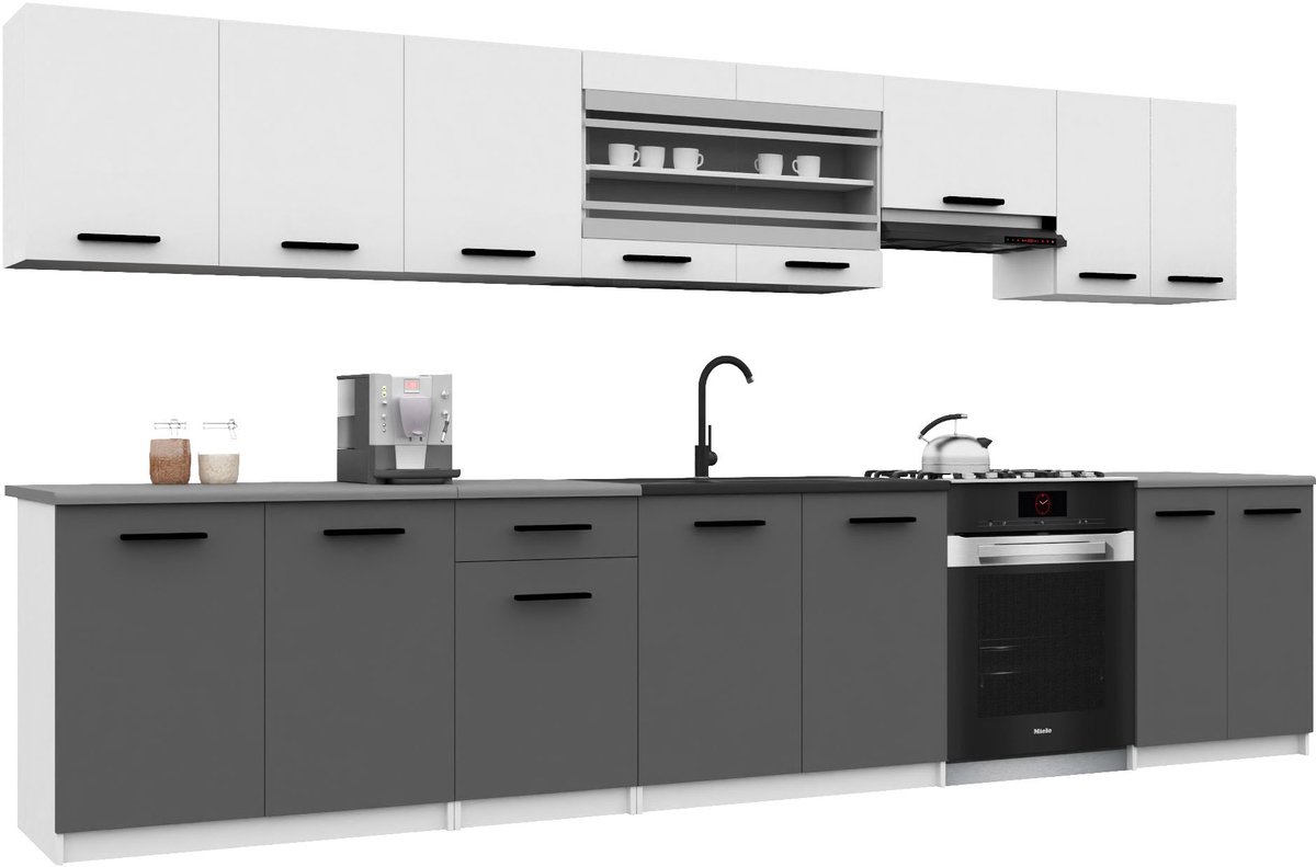 BELINI Keukenblok ITALIA 3 - Keukenmeubel Set 320 cm Wit-Grijs Mat met Werkbladen - Boven- en Onderkasten