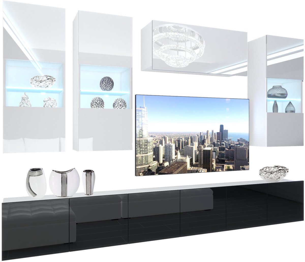 BELINI Wandmeubel NEX 5 - TV-Wandkast Set met LED-Verlichting Wit / Zwart - Hoogglans Fronten