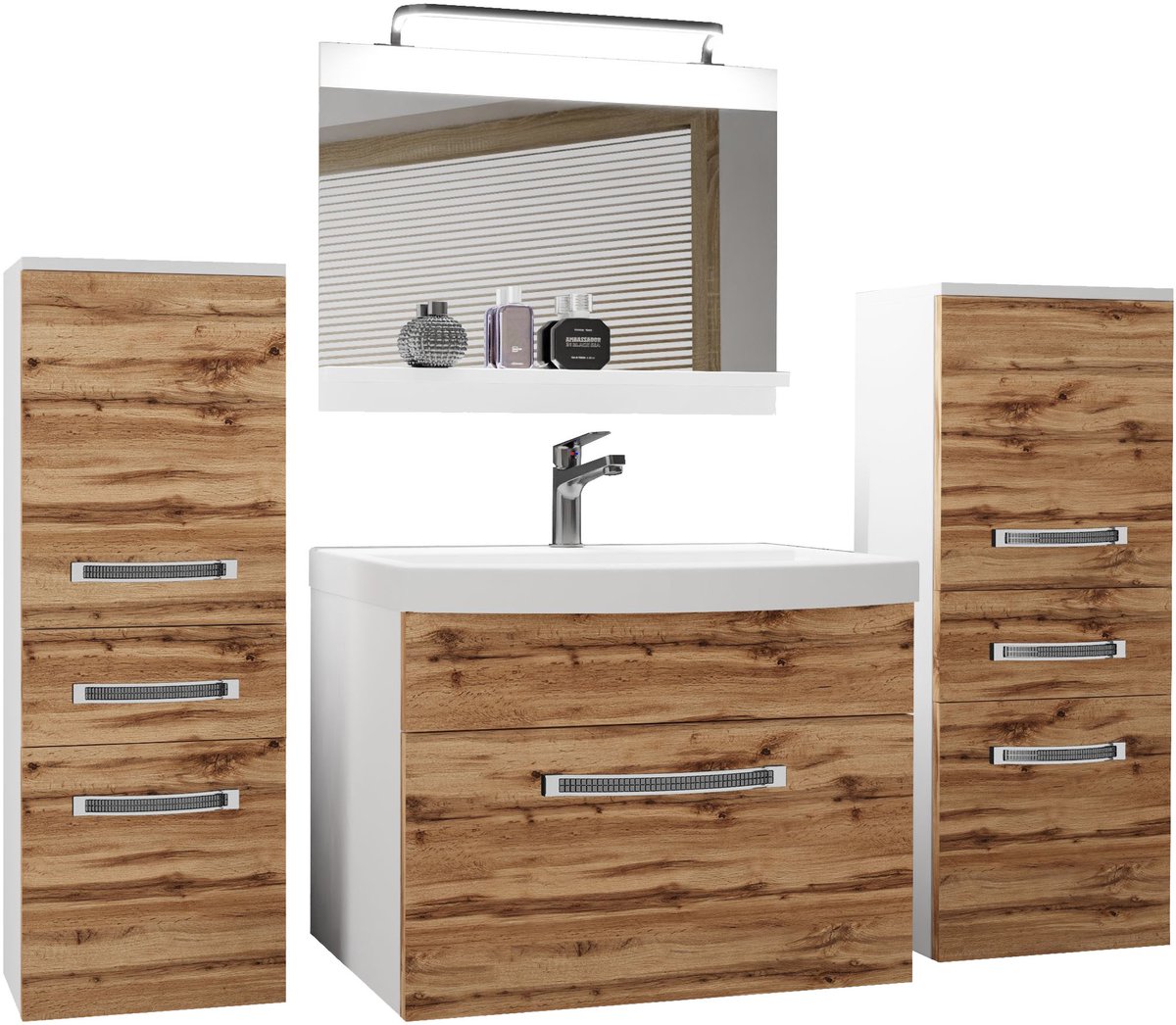 BELINI Badkamermeubel Set GLA M 4 - Badmeubelset 140 cm Wotan Eiken Mat met Wastafel, Spiegel en LED Lamp - Wandmontage