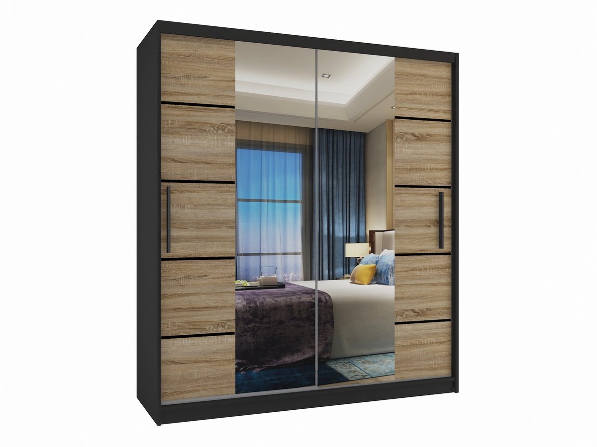 BELINI Verona ME Schuifdeurkast 133 cm Zwart/Sonoma Eiken Mat - Kledingkast met Spiegel - Comfort Line Slaapkamerkast