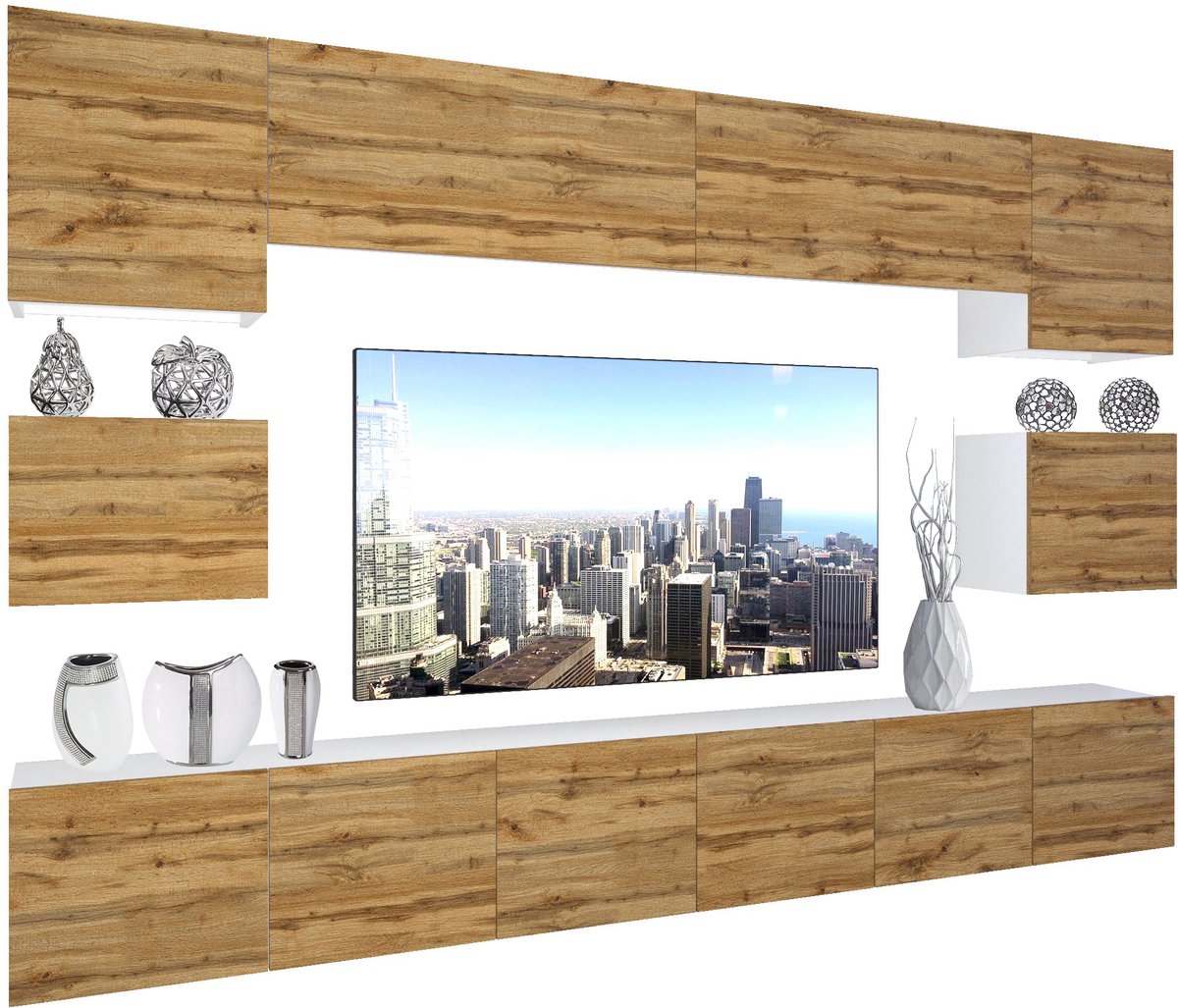 BELINI Wandmeubel NEX 3 - TV-Wandkast Set met LED-Verlichting Wotan Eiken - Hoogglans Fronten