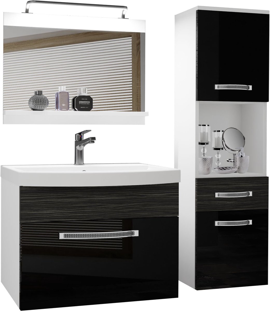 BELINI Badkamermeubel Set GLA PM 3 - Badmeubelset 100 cm , Zwart Ebbenhout, Hoogglans Mat met Wastafel, Spiegel en LED Lamp - Wandmontage