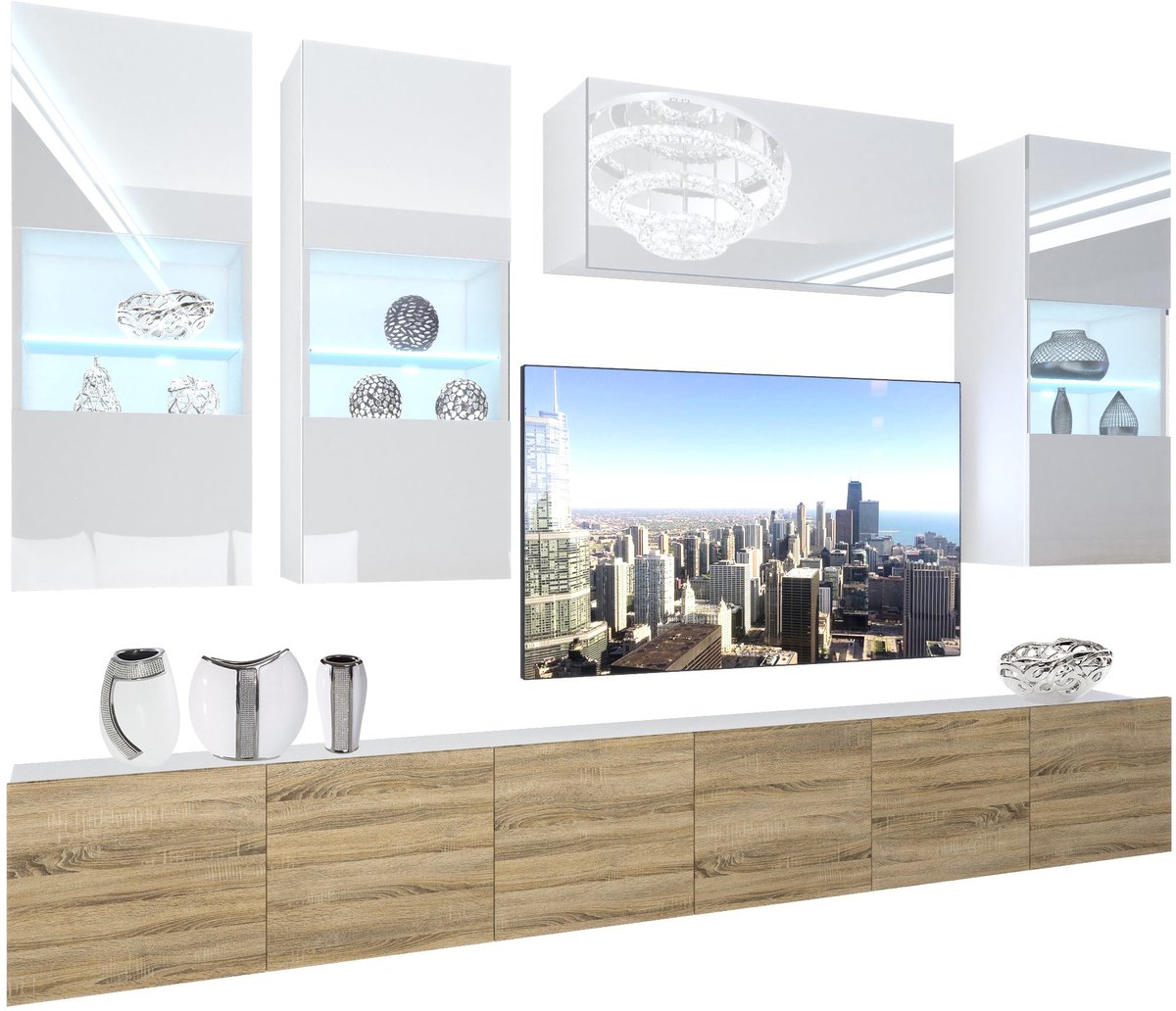 BELINI Wandmeubel NEX 5 - TV-Wandkast Set met LED-Verlichting Wit / Sonoma Eiken - Hoogglans Fronten