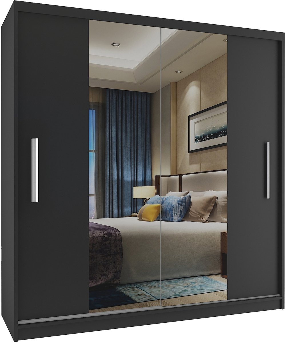 BELINI Verona ME Schuifdeurkast 158 cm Zwart Mat - Kledingkast met Spiegel - Comfort Line Slaapkamerkast