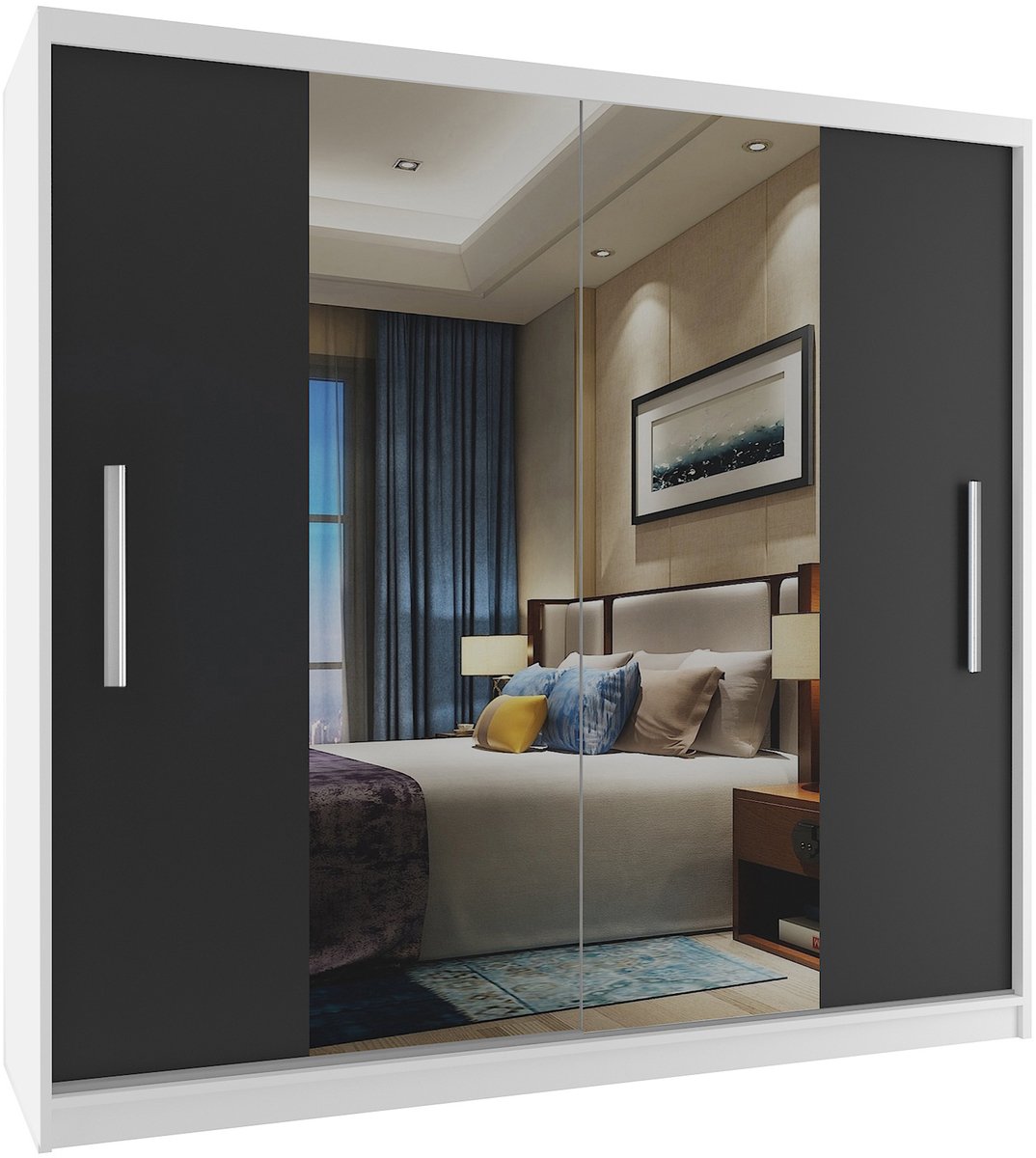 BELINI Verona ME Schuifdeurkast 200 cm Wit/Zwart Mat - Kledingkast met Spiegel - Comfort Line Slaapkamerkast