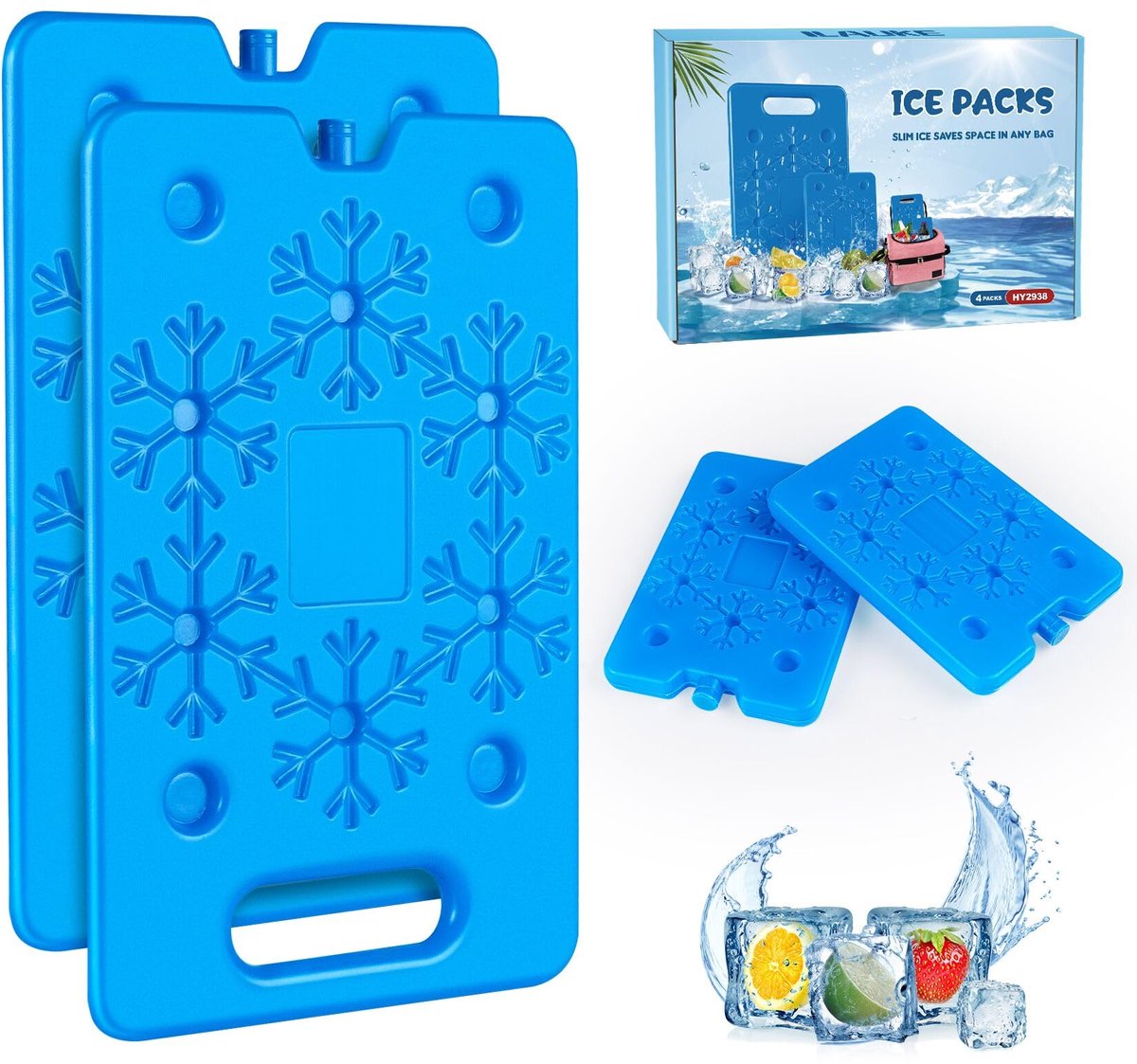 SnelShoppen - Platte koelaccu's XL, 4 stuks herbruikbare koelelementen voor koeltas, lunchbox, picknick, extra dun, blauw, 30 x 20 cm en 16 x 11 cm