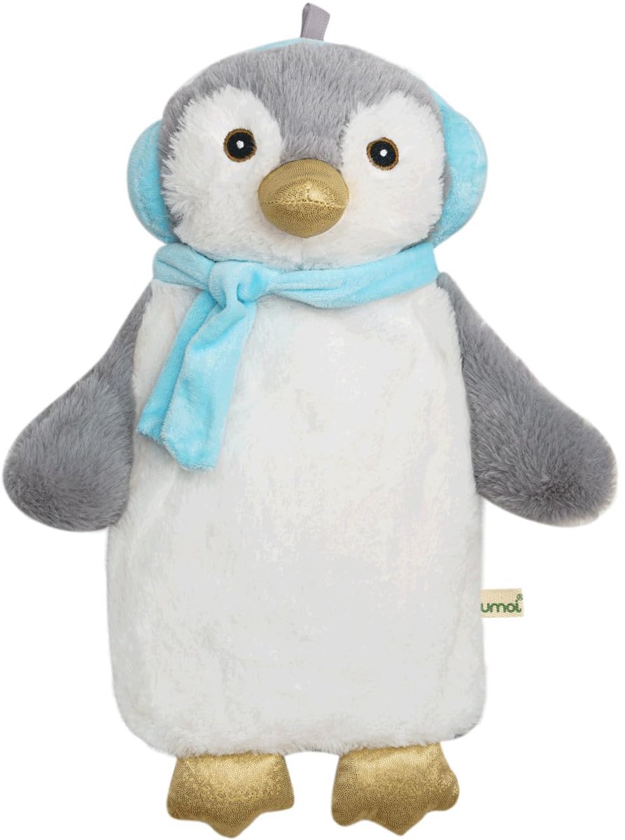 SnelShoppen - Premium Kinderkruik 1 Liter met Zachte Nepbonthoes - Warmtekussen van Natuurrubber - TÜV Rheinland Getest - Pinguin Blauw - Ideaal voor