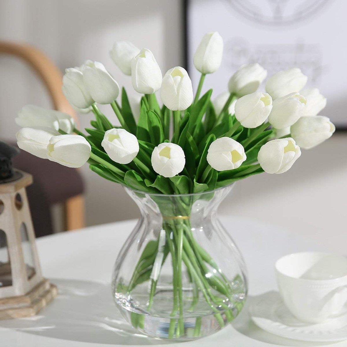 SnelShoppen - 20 Stuks Kunsttulpen 33 cm, Latex Kunstbloemen, Realistische Witte Tulpen met Steel, Perfect voor Bruiloft, Muurdecoratie, Tuin en Woond