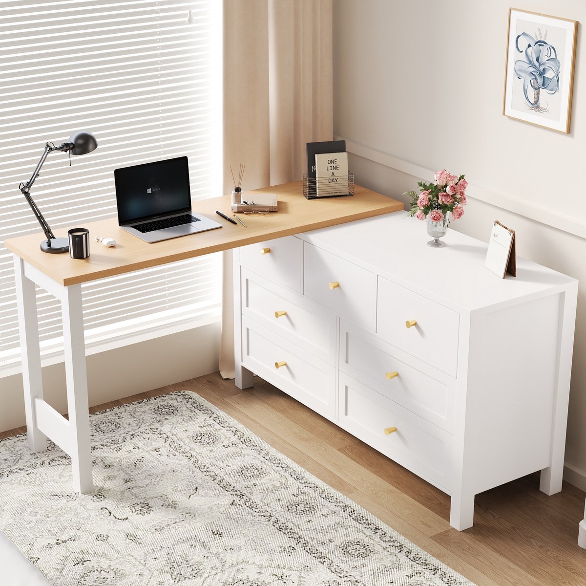 DESMIU Bureau - 360 Graden Draaibaar Met 7 Laden - Recht Of Hoekmodel Voor Woonkamer En Kantoor - Spaanplaat - Wit Eikenlook - 120x40x70 Cm