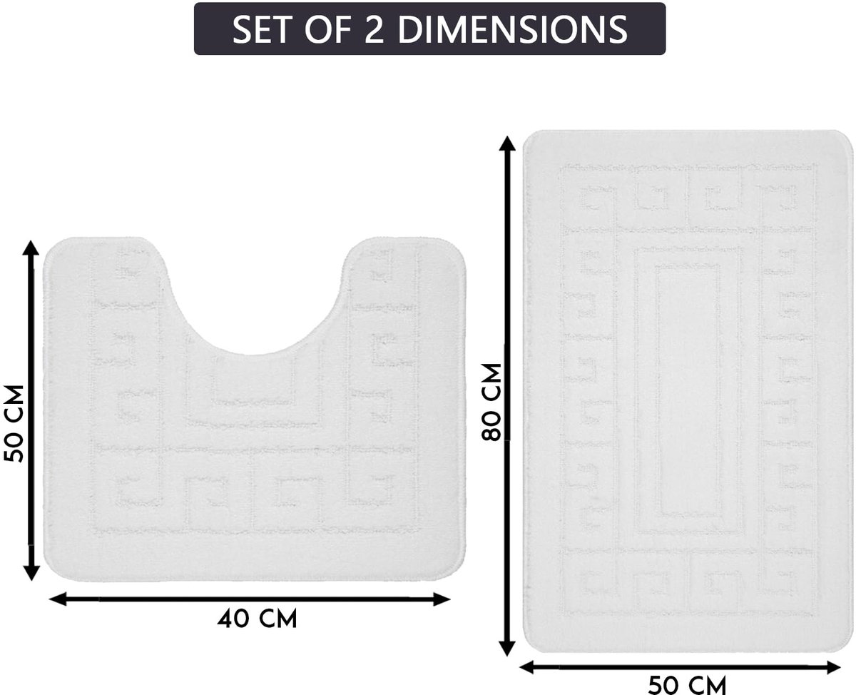 SnelShoppen - EDS Antislip Badmatset met Grieks Dessin, 2-delig, Badmat (50 x 80 cm) en WC-mat (50 x 40 cm), Wit, Antislip, Badkamer Accessoires