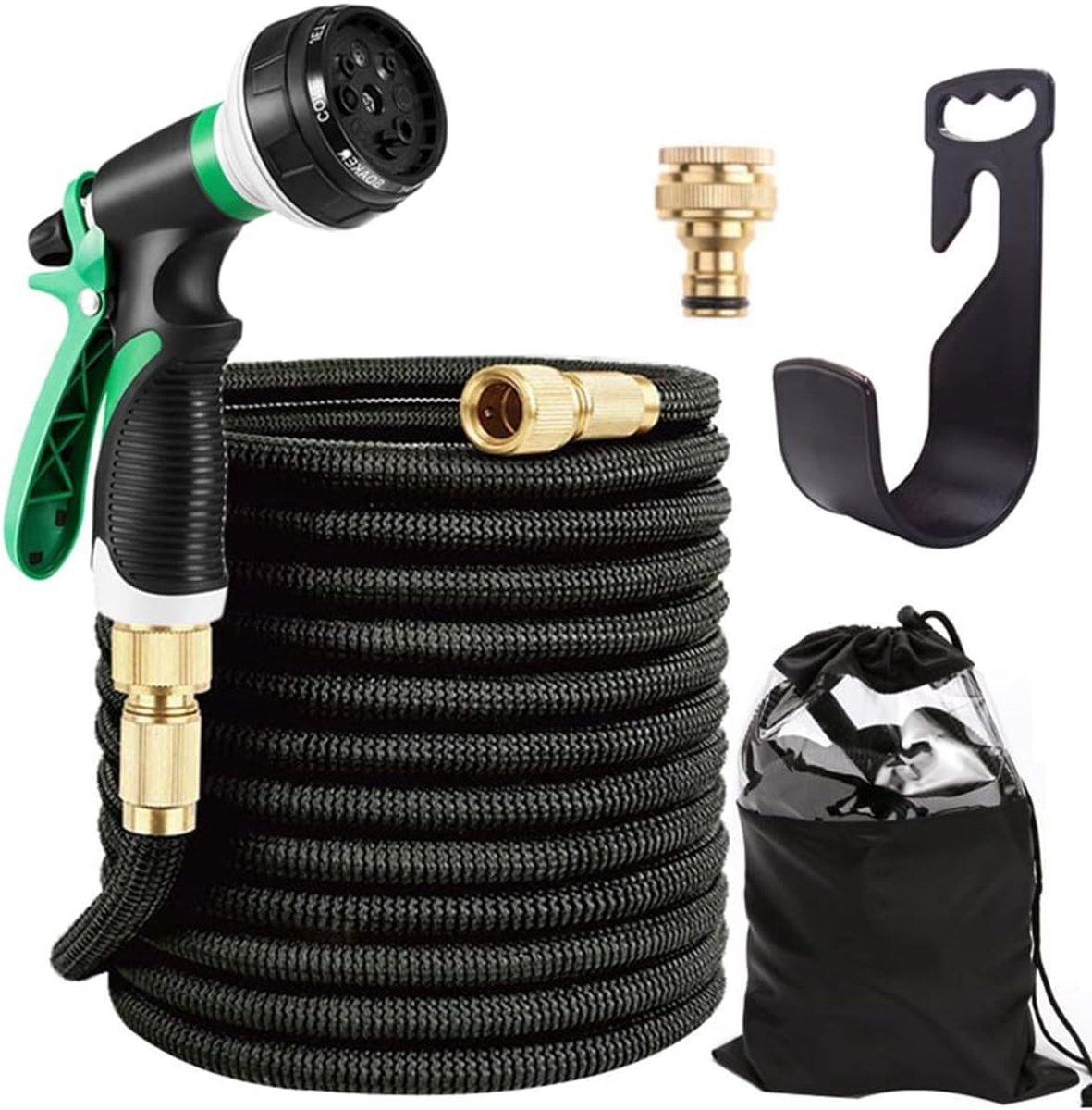 SnelShoppen - 60 Meter Rekbare Tuinslang - Flexibele Waterslang met Extra Sterke Stof - Handdouche met 8 Functies - Lekvrije, Lichte, Rekbare Slang vo