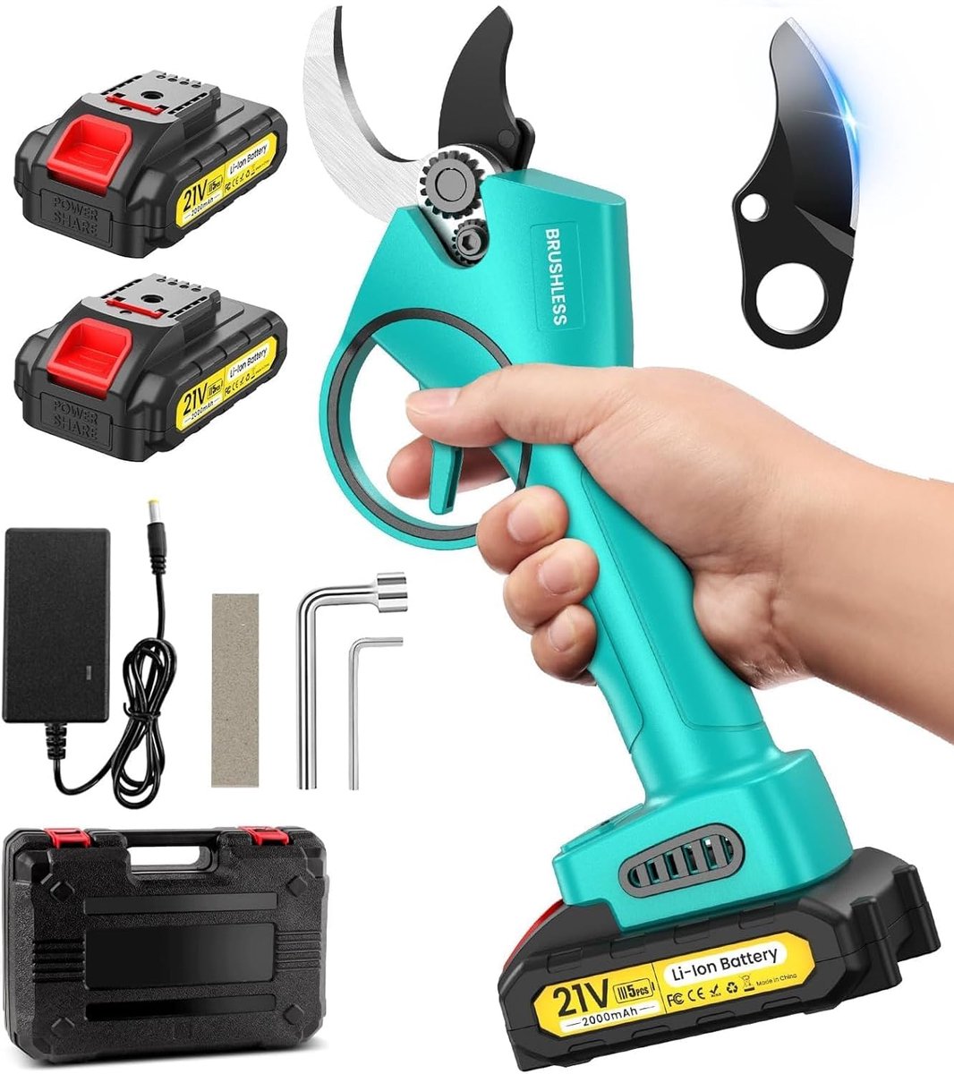 SnelShoppen - Accu-takkenschaar 33 mm met 2 x 21 V accu's, 2000 mAh, borstelloze motor, lichte snoeischaar voor takken en struiken, ideaal voor tuin e
