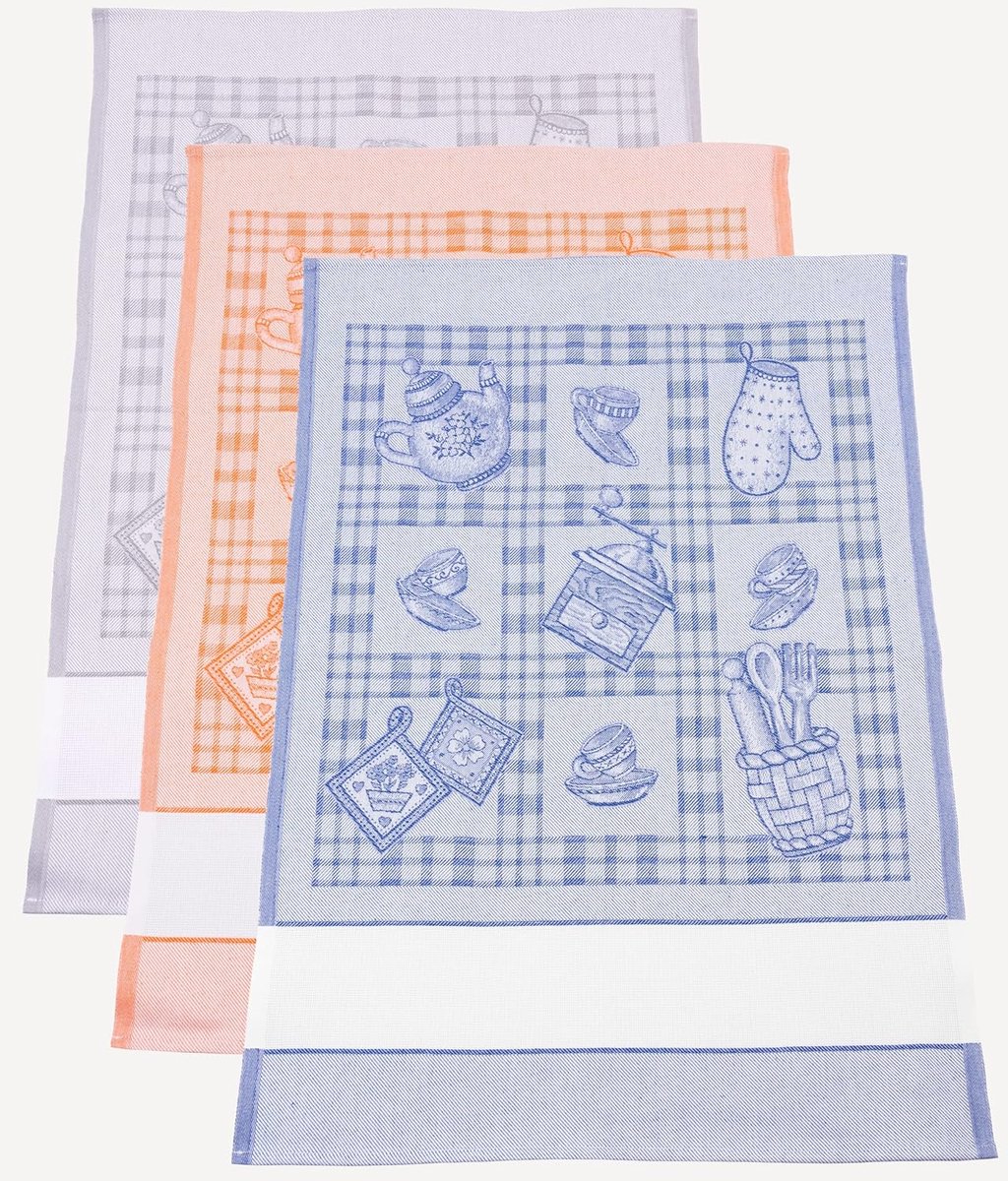 SnelShoppen - Set van 3 Jacquard theedoeken met Aida canvas inzetstuk en 55 borduurgaten - Keukenaccessoires in grijs, oranje en blauw - Perfect voor